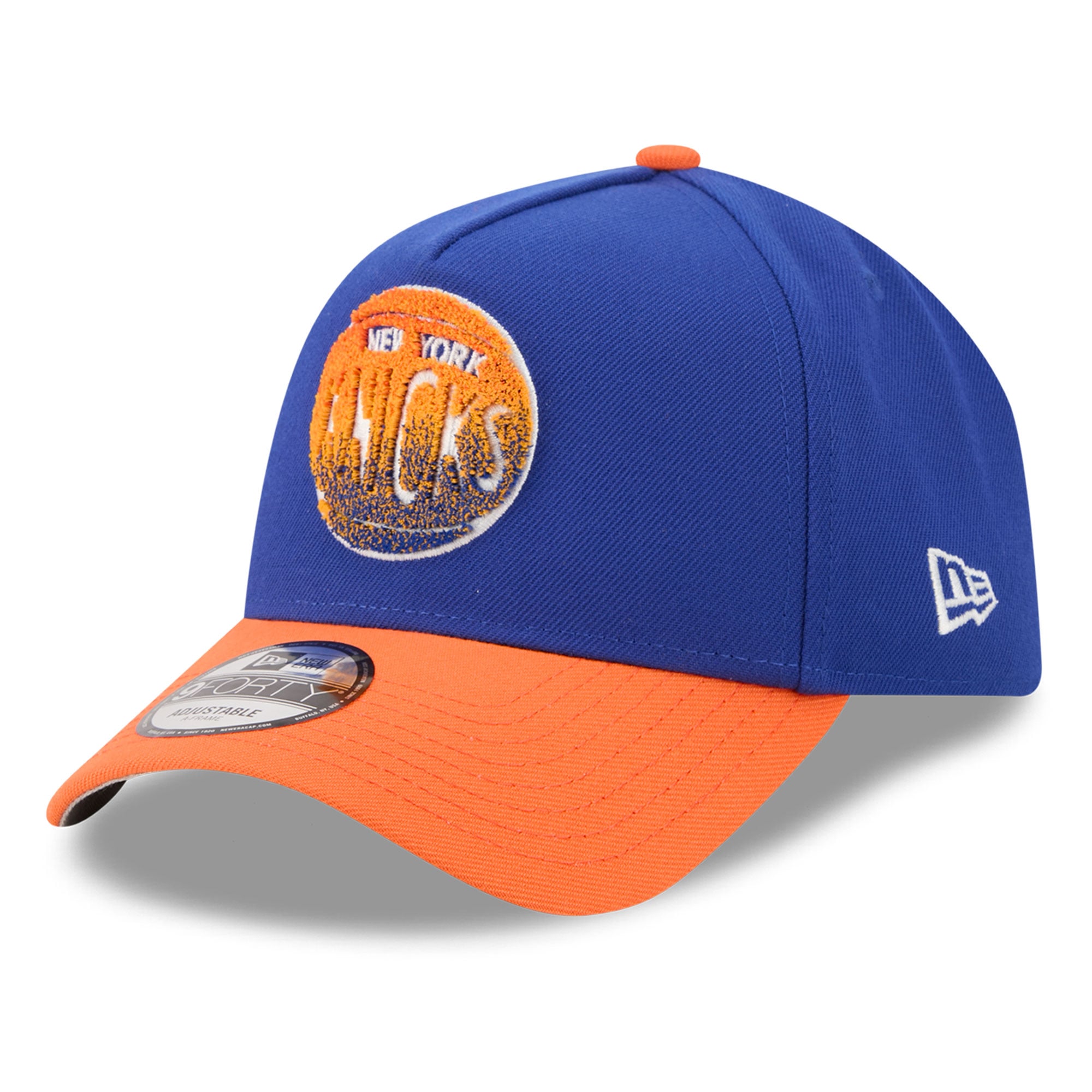 Men's New Era Blue/Orange New York Knicks Chenille 9FORTY A-Frame Adjustable Hat