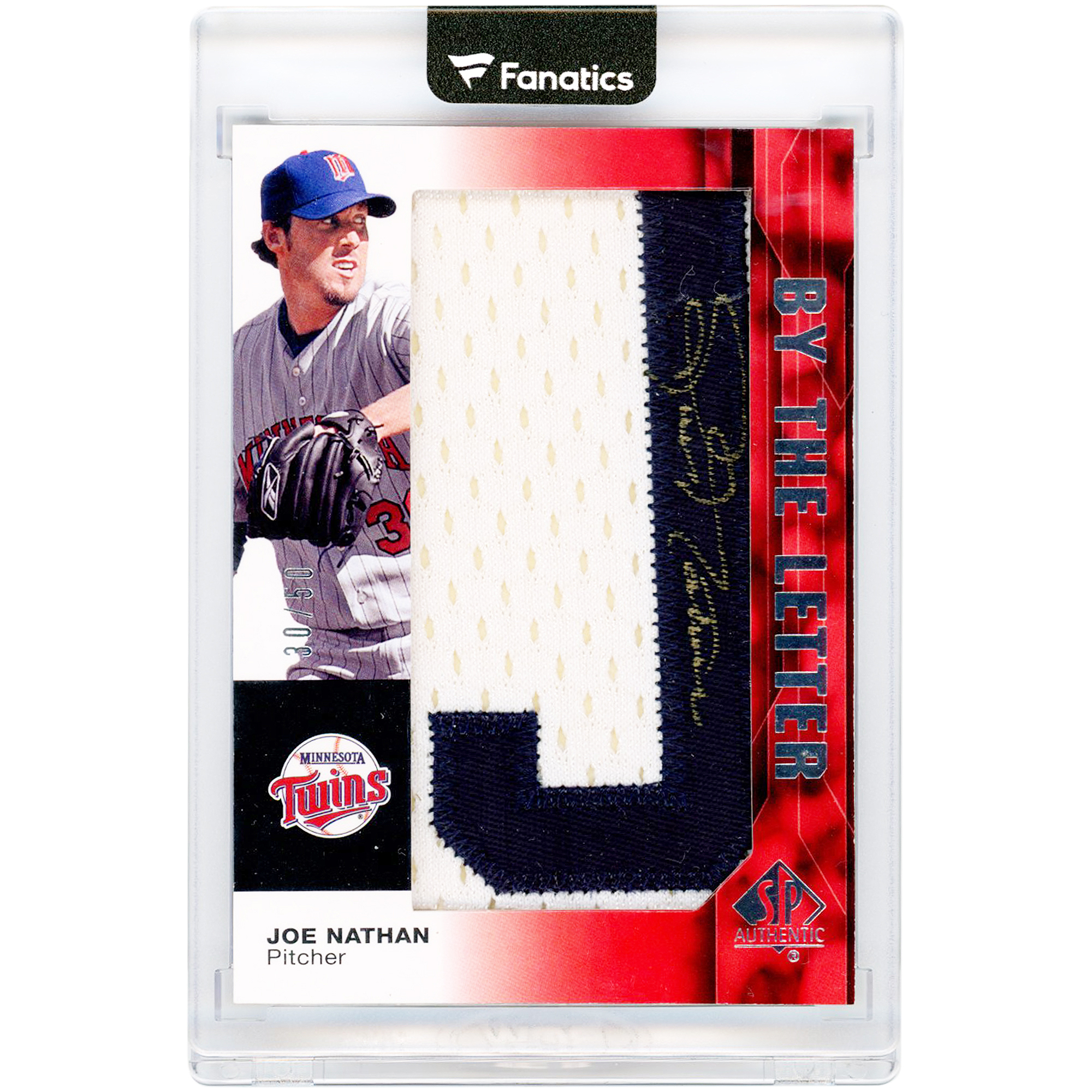 Joe Nathan Minnesota Twins Autographed 2008 Upper Deck SP Authentic By The Letter "J" Dual-Color Relic Gold Ink #BL-JN #30/50 Card