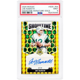 Joe Namath New York Jets Autographed 2025 Panini Mosaic Showtime Gold Prizm #SOS-JNA #5/10 PSA Authenticated 9 Card