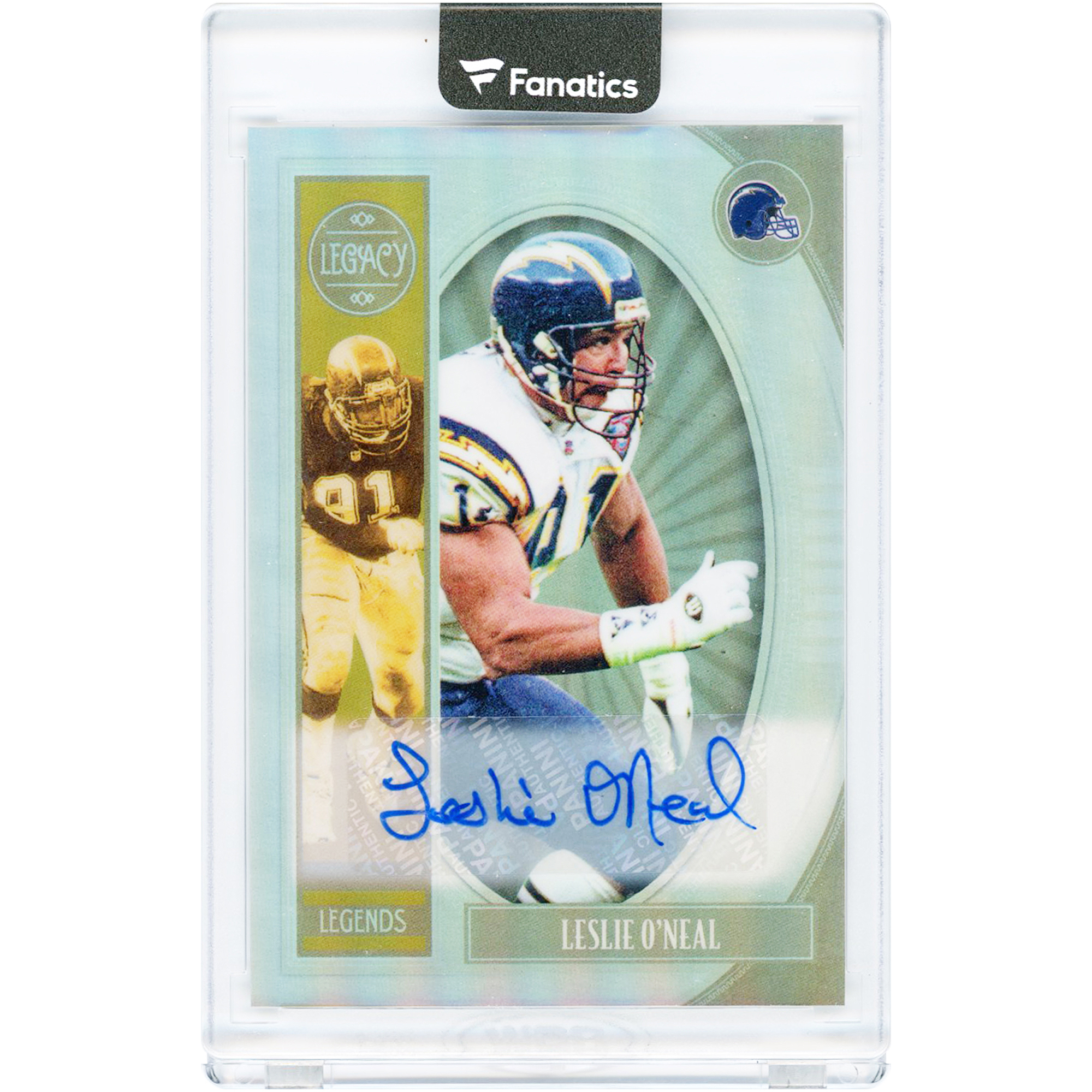 Leslie O'Neal San Diego Chargers Autographed 2019 Panini Legacy Legends Premium Penmanship #115 Card. rookie card picture