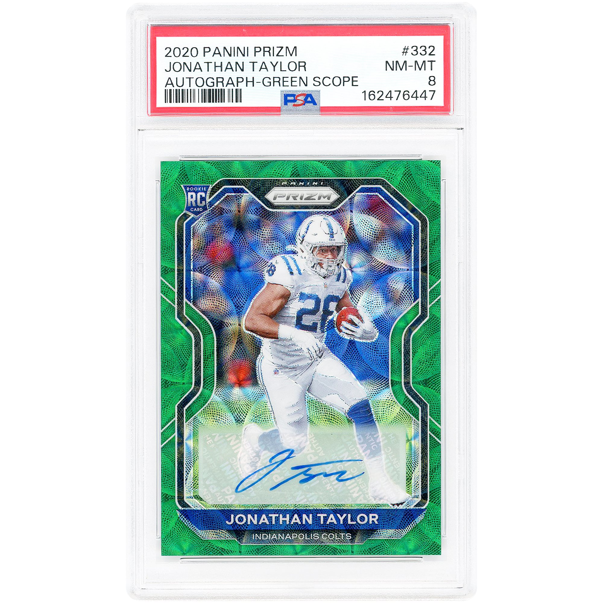 Jonathan Taylor Indianapolis Colts Autographed 2020 Panini Prizm Green Scope Prizm #332 #71/75 PSA Authenticated 8 Rookie Card