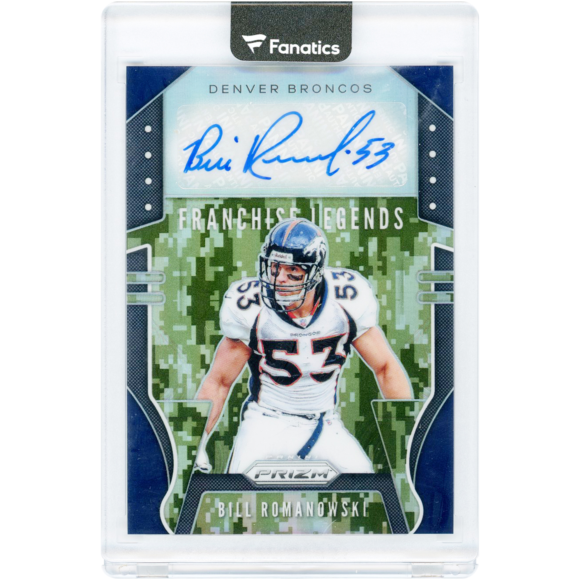 Bill Romanowski Denver Broncos Autographed 2019 Panini Prizm Franchise Legends Camo Prizm #FR-BR #9/25 Card. rookie card picture