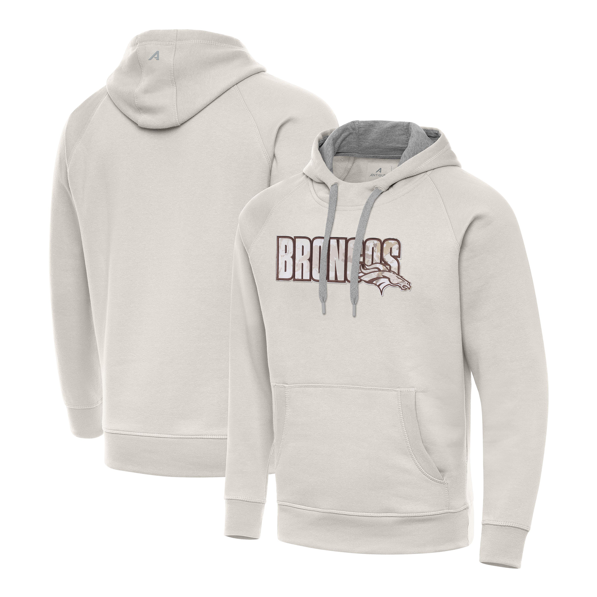 Men's Antigua Cream Denver Broncos Woodland Camo Victory Hoodie