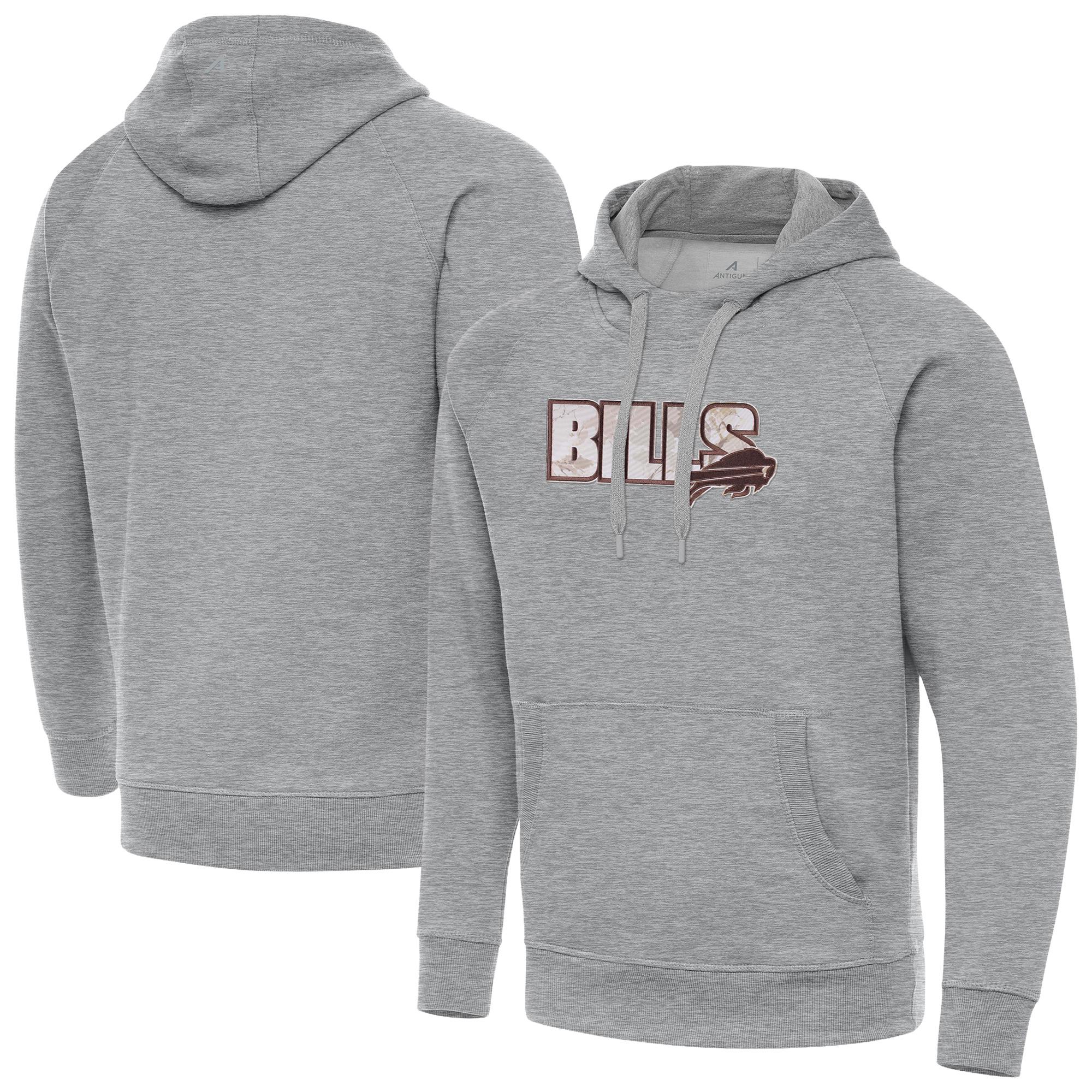Men's Antigua Heather Gray Buffalo Bills Woodland Camo Victory Hoodie