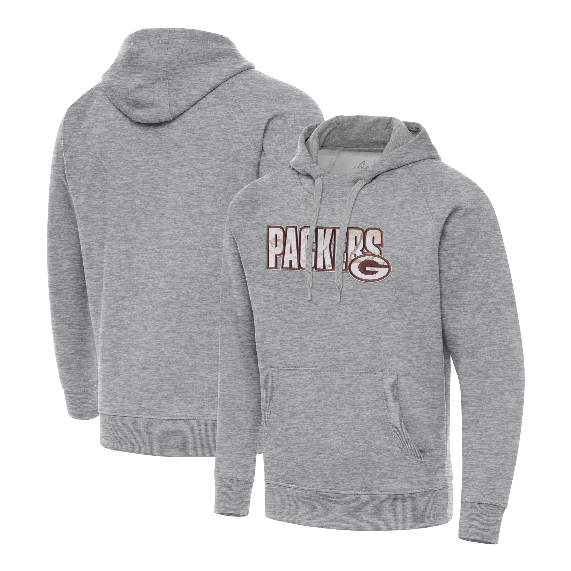 Men's Antigua Heather Gray Green Bay Packers Woodland Camo Victory Hoodie