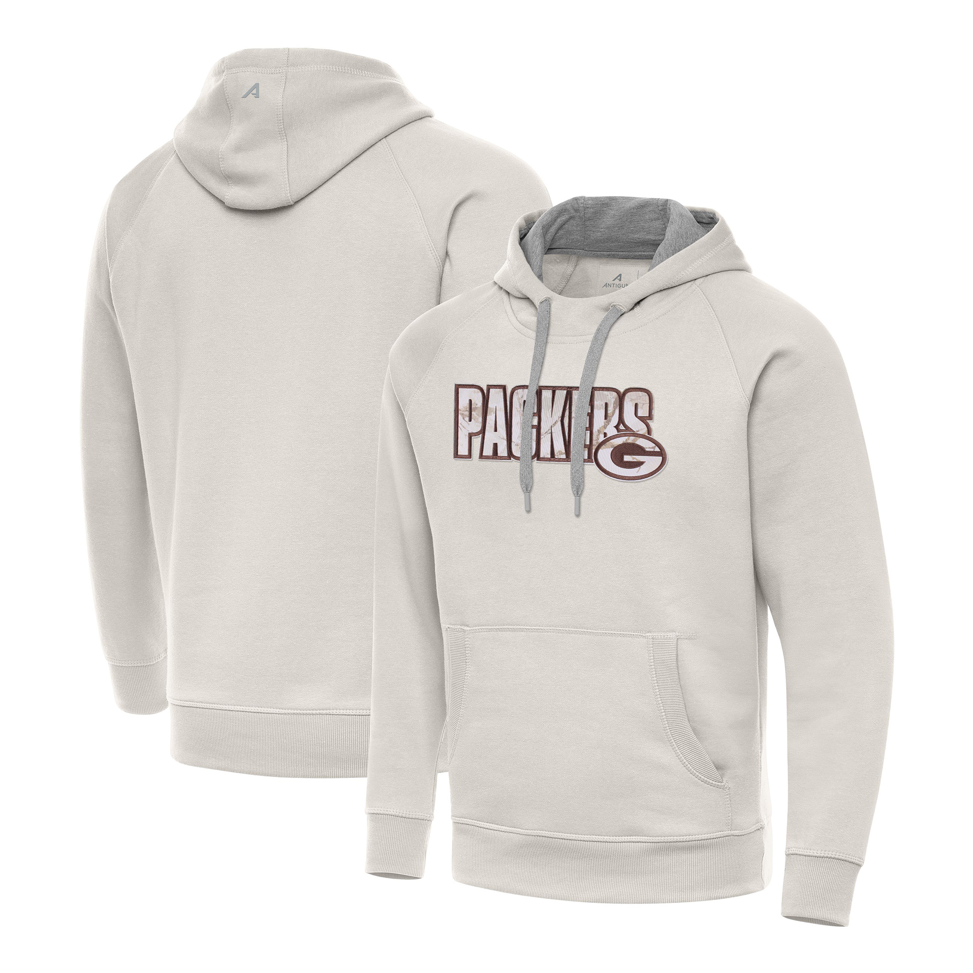 Men's Antigua Cream Green Bay Packers Woodland Camo Victory Hoodie
