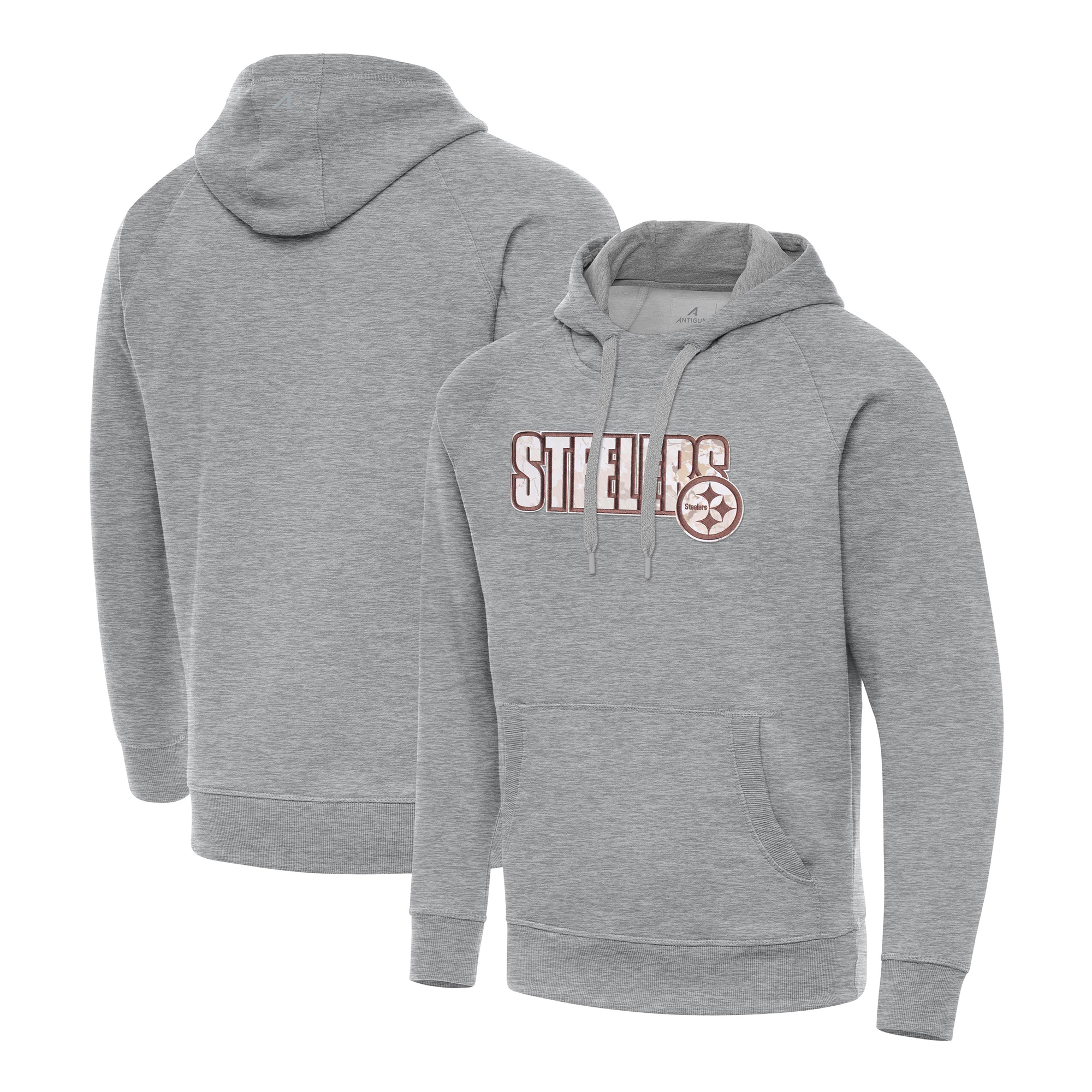 Men's Antigua Heather Gray Pittsburgh Steelers Woodland Camo Victory Hoodie