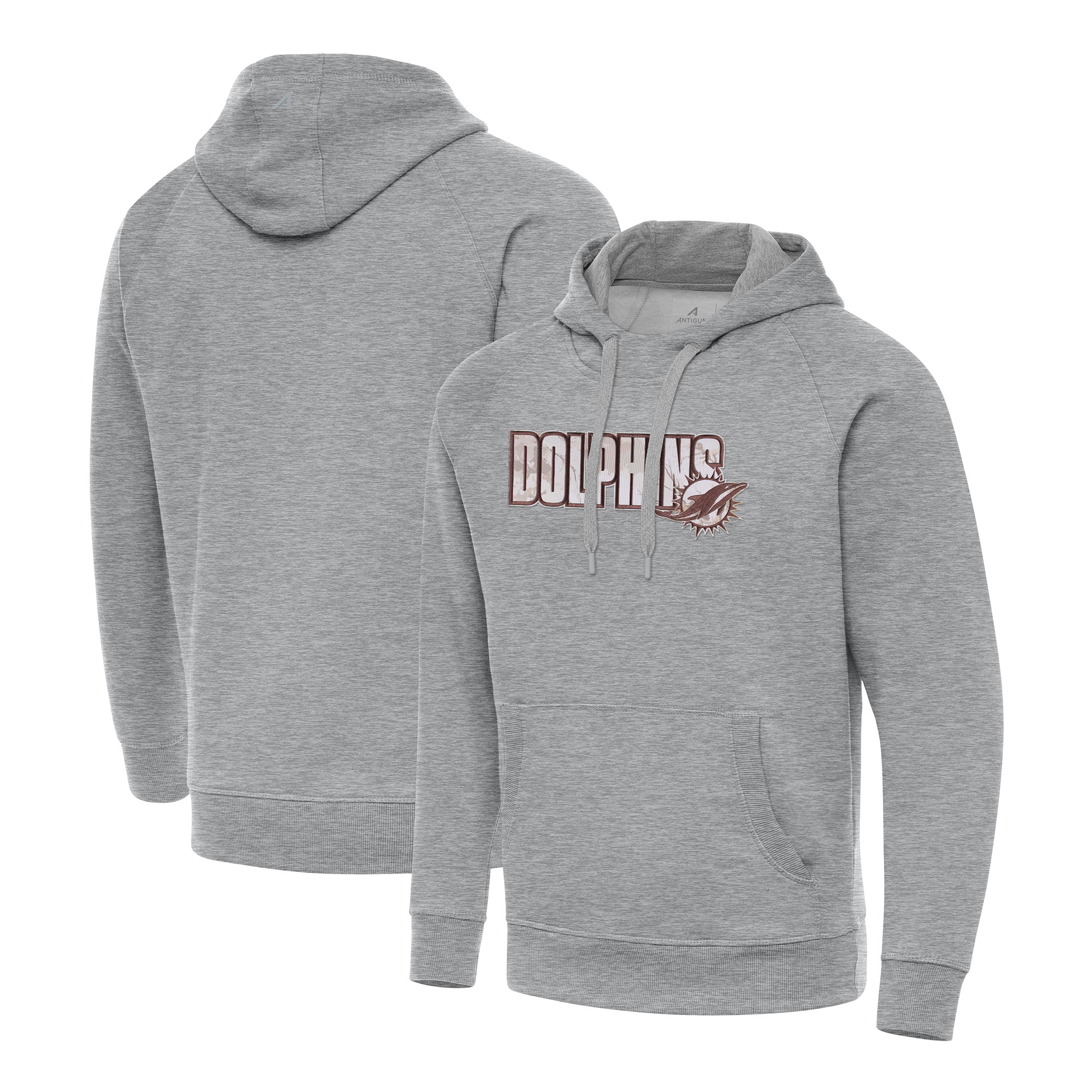Men's Antigua Heather Gray Miami Dolphins Woodland Camo Victory Hoodie