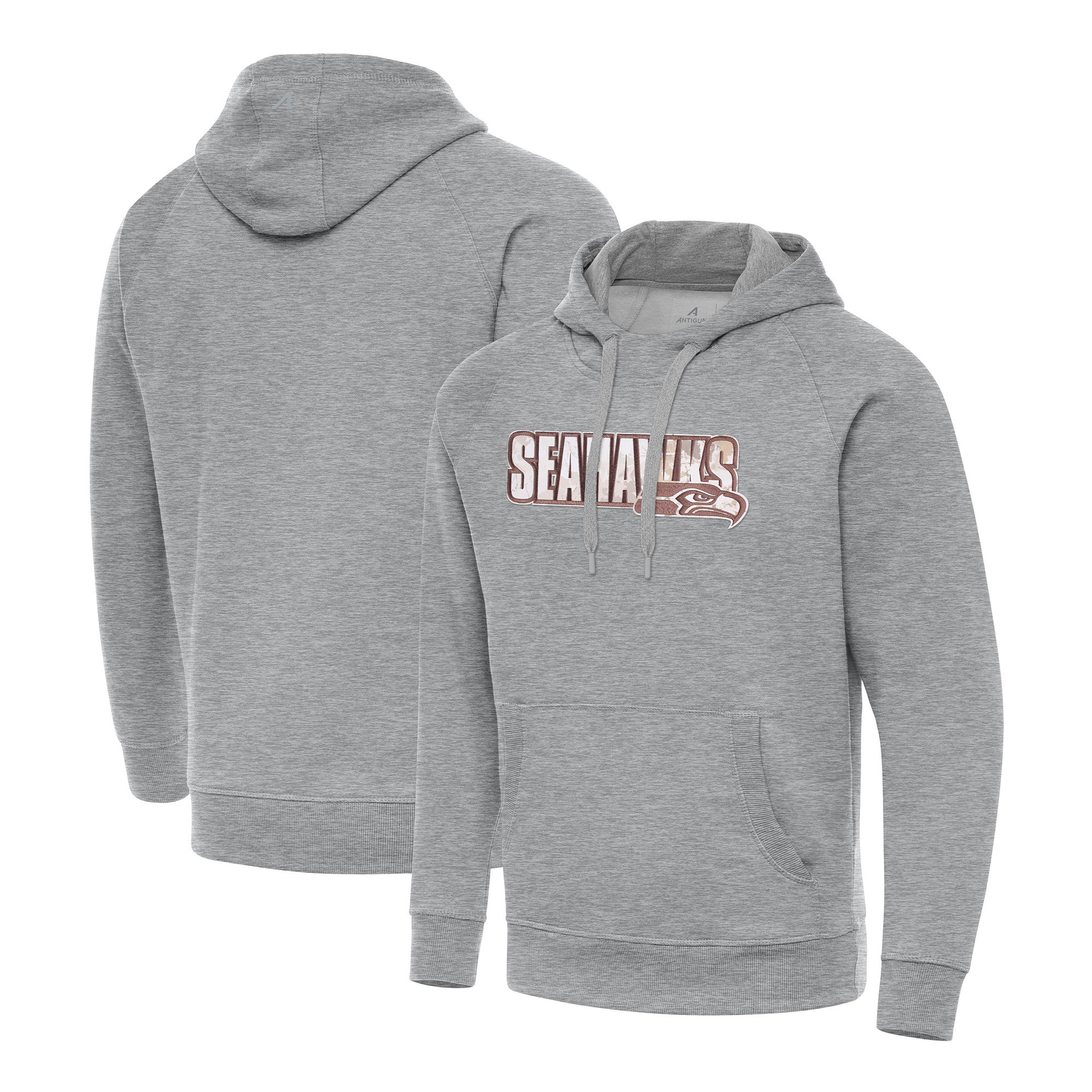 Men's Antigua Heather Gray Seattle Seahawks Woodland Camo Victory Hoodie