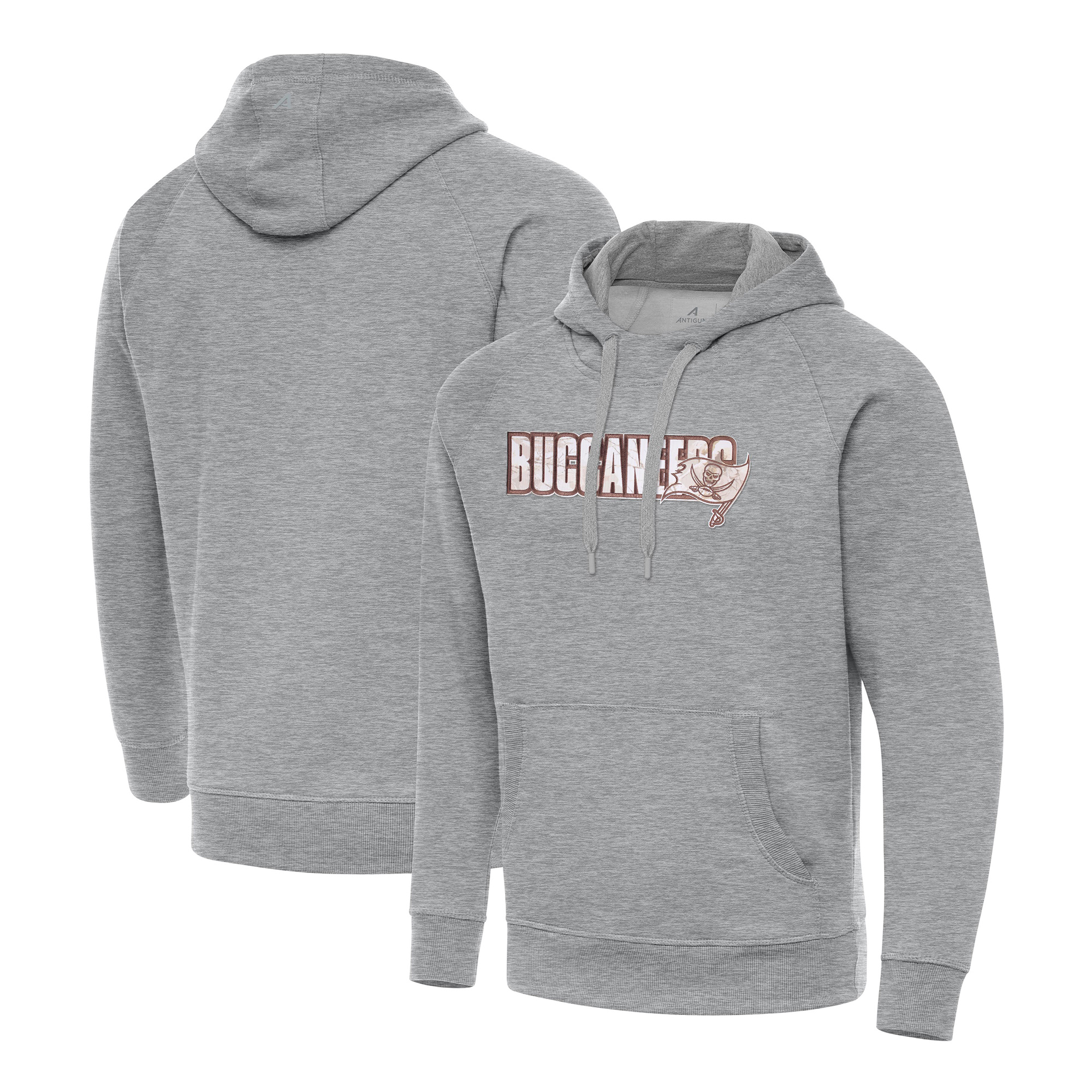 Men's Antigua Heather Gray Tampa Bay Buccaneers Woodland Camo Victory Hoodie