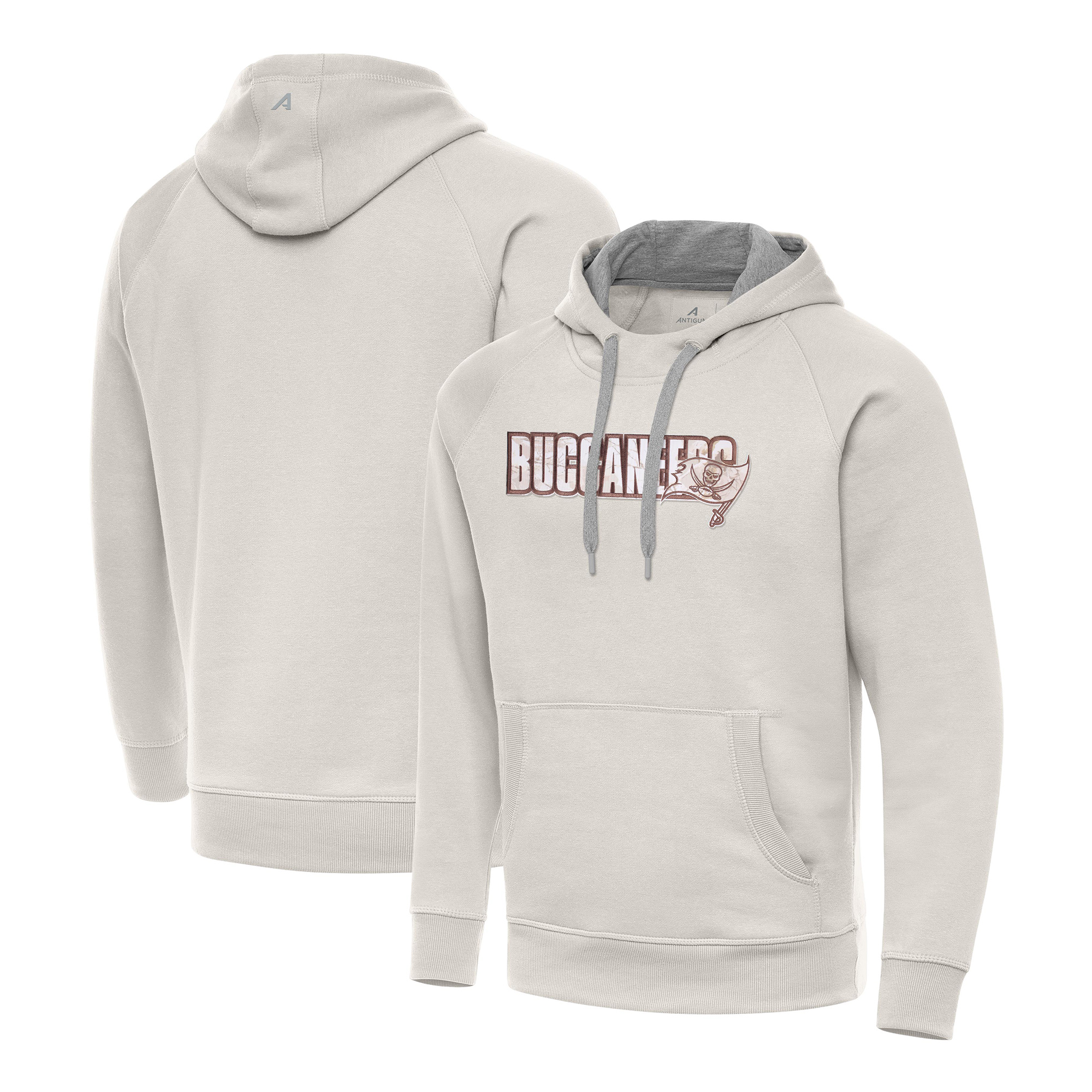 Men's Antigua Cream Tampa Bay Buccaneers Woodland Camo Victory Hoodie