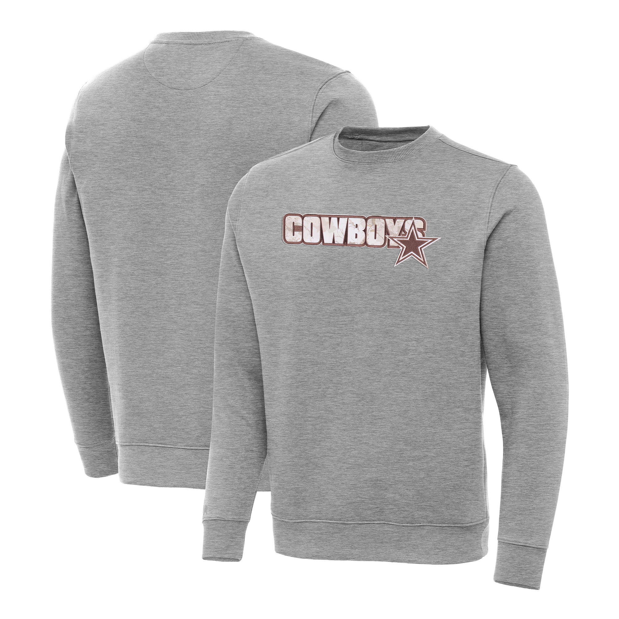 Men's Antigua Heather Gray Dallas Cowboys Woodland Camo Victory Sweatshirt