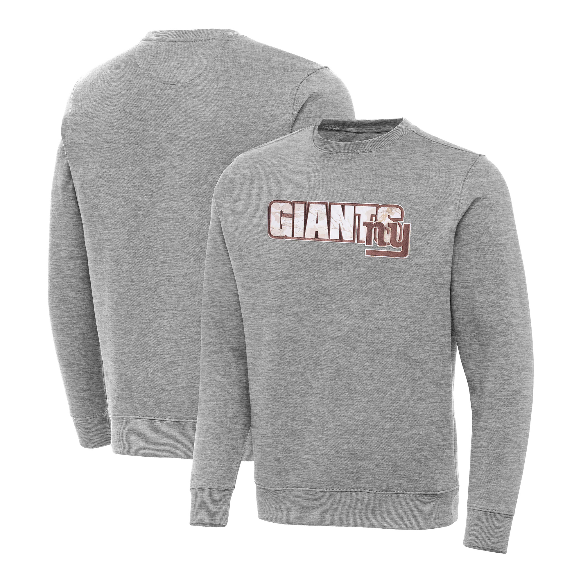 Men's Antigua Heather Gray New York Giants Woodland Camo Victory Sweatshirt