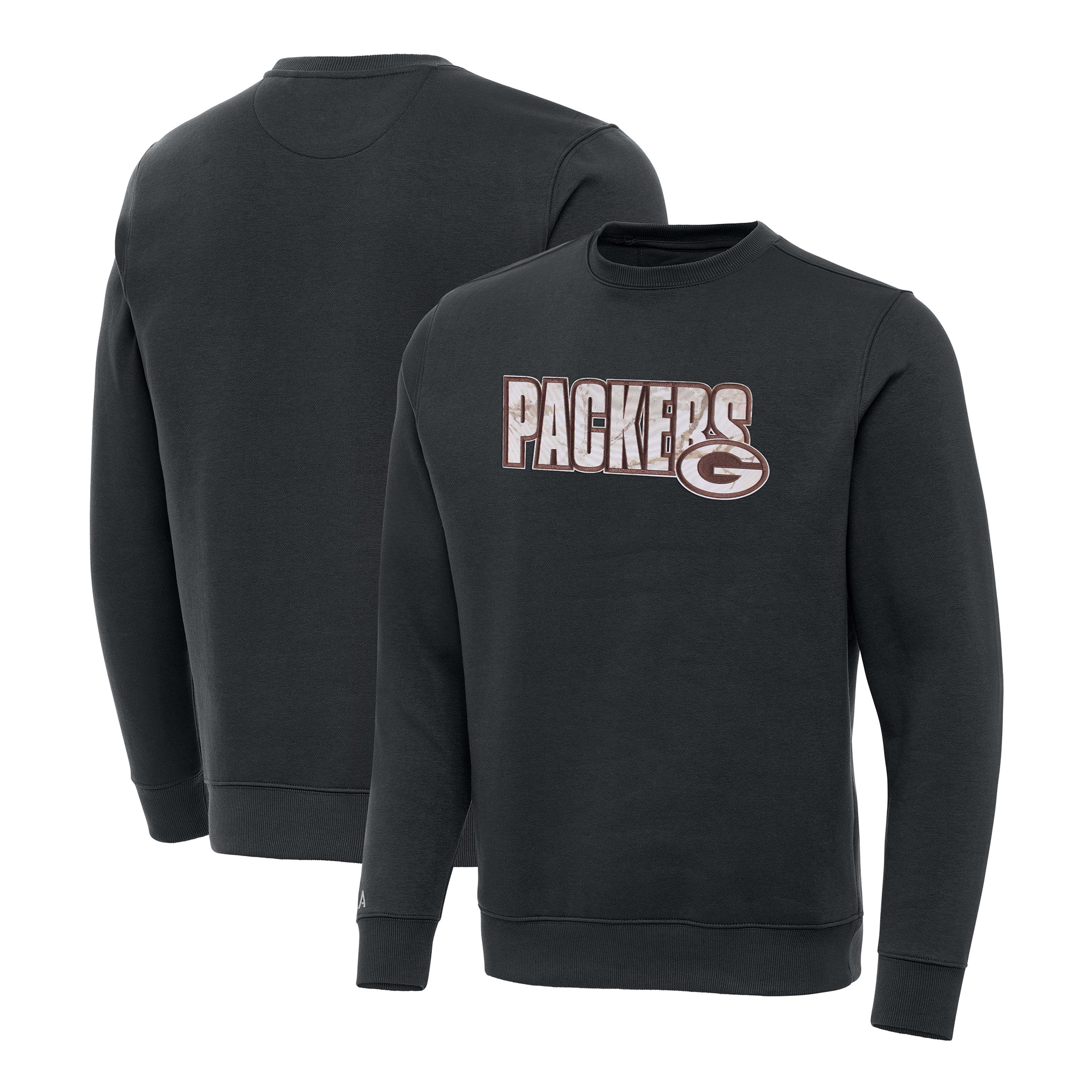 Men's Antigua Charcoal Green Bay Packers Woodland Camo Victory Sweatshirt
