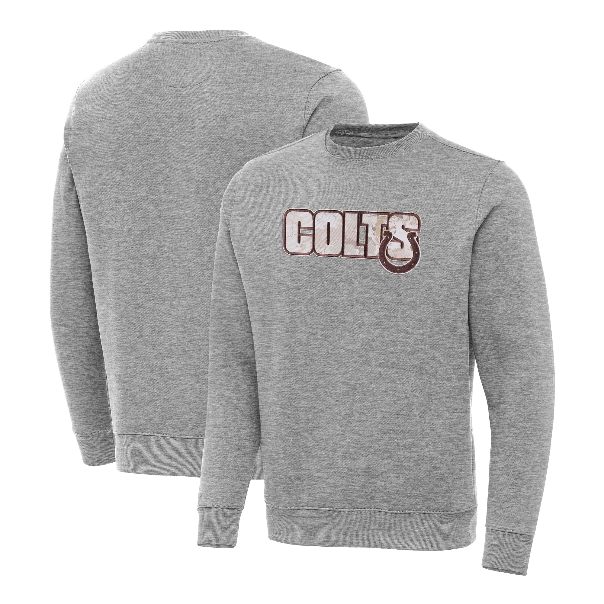 Men's Antigua Heather Gray Indianapolis Colts Woodland Camo Victory Sweatshirt