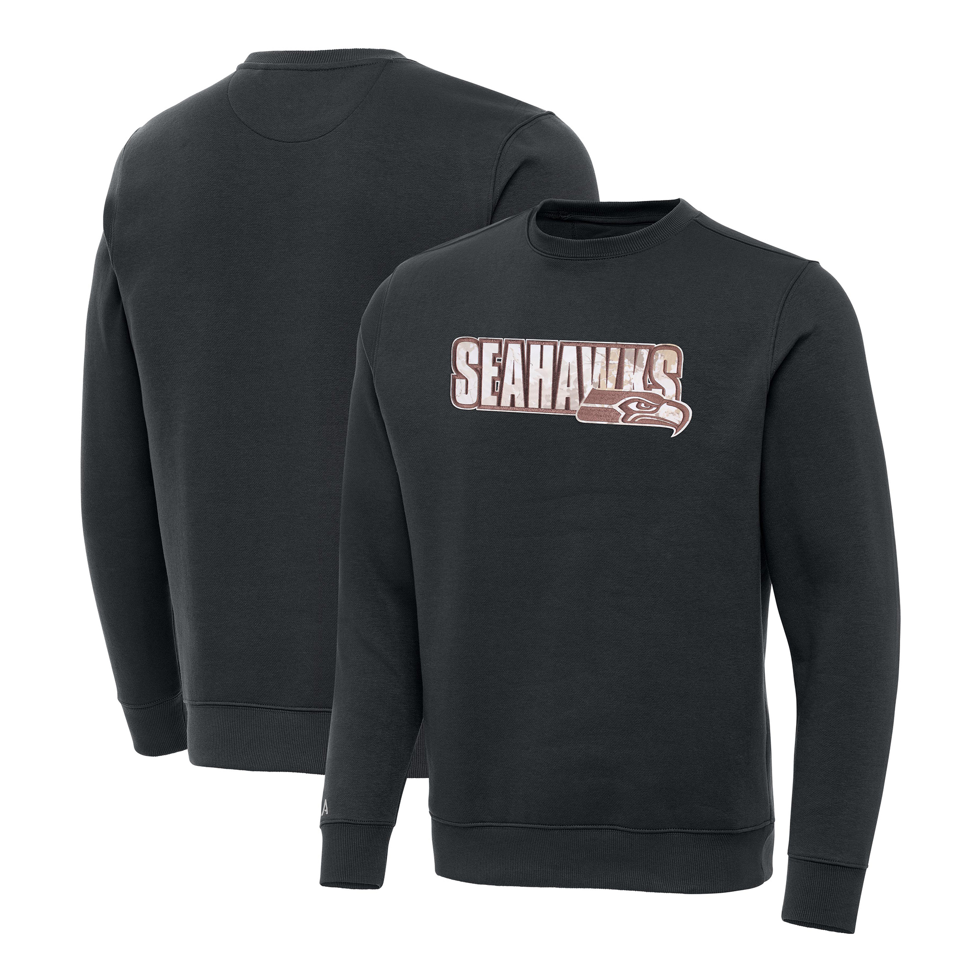 Men's Antigua Charcoal Seattle Seahawks Woodland Camo Victory Sweatshirt