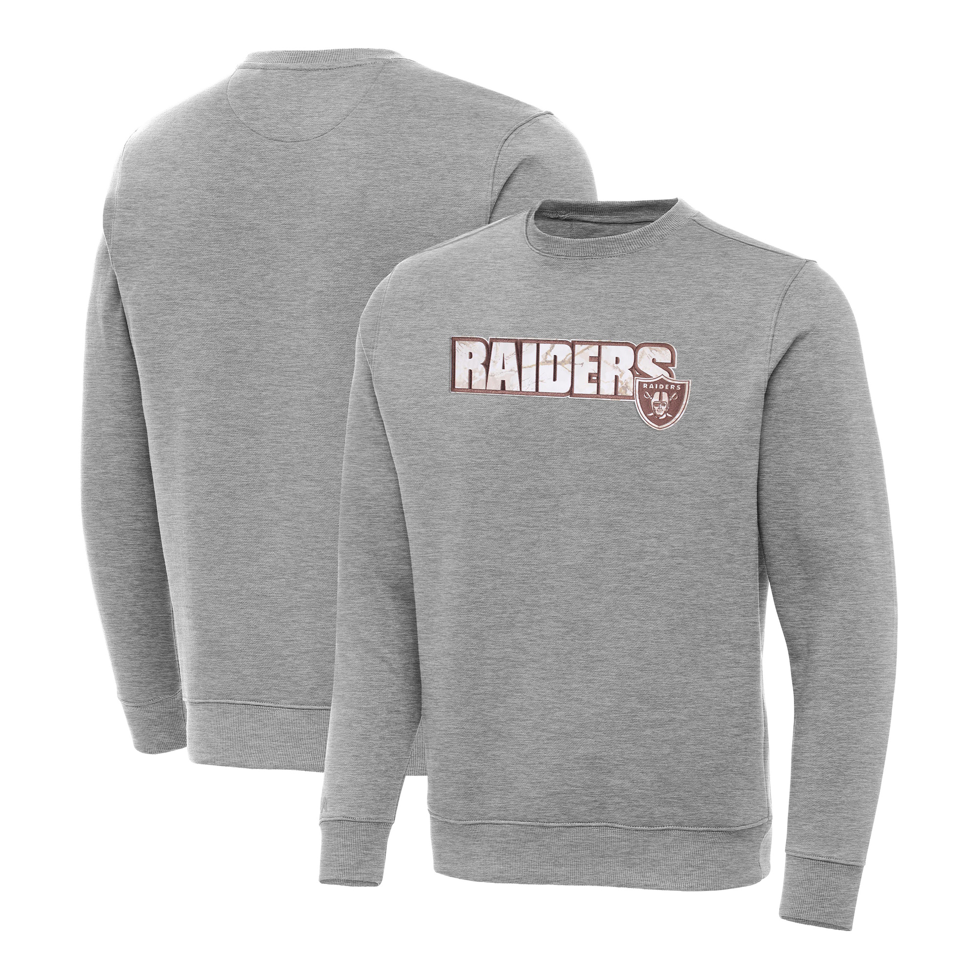 Men's Antigua Heather Gray Las Vegas Raiders Woodland Camo Victory Sweatshirt