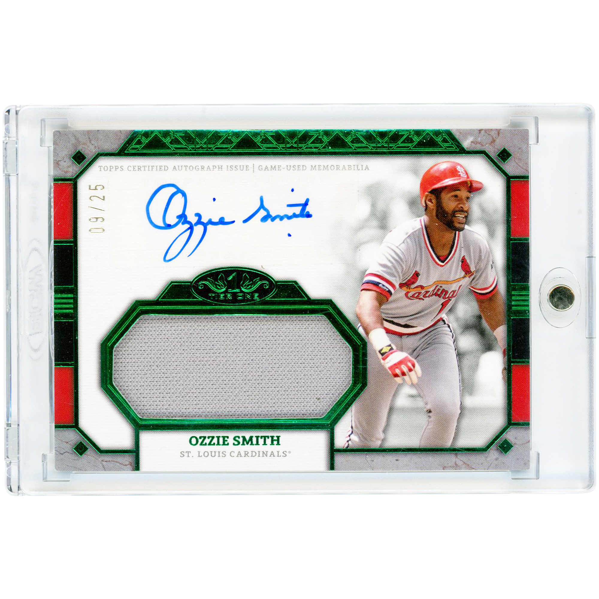 Ozzie Smith St. Louis Cardinals Autographed 2024 Topps Tier One Jumbo Game Used Jersey Relic Emerald #AT1JR-OS #9/25 Card