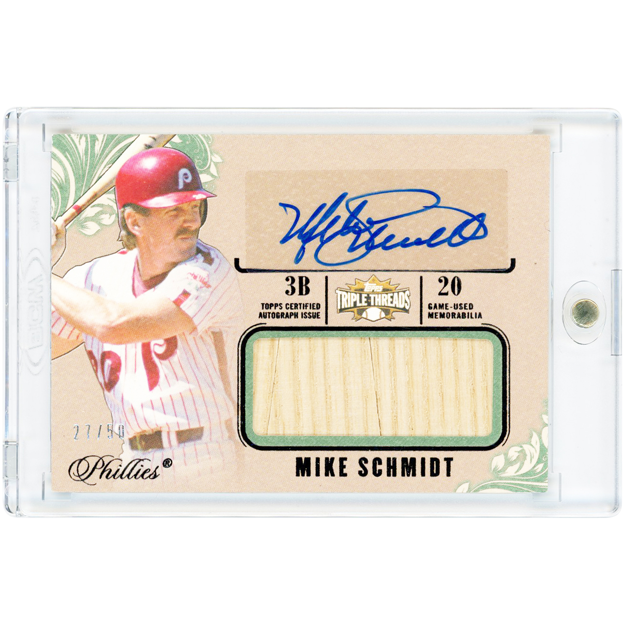 Mike Schmidt Philadelphia Phillies Autographed 2014 Topps Triple Threads Unity Jumbo Game Used Bat Relic Emerald #UAJR-MSC #27/50 Card