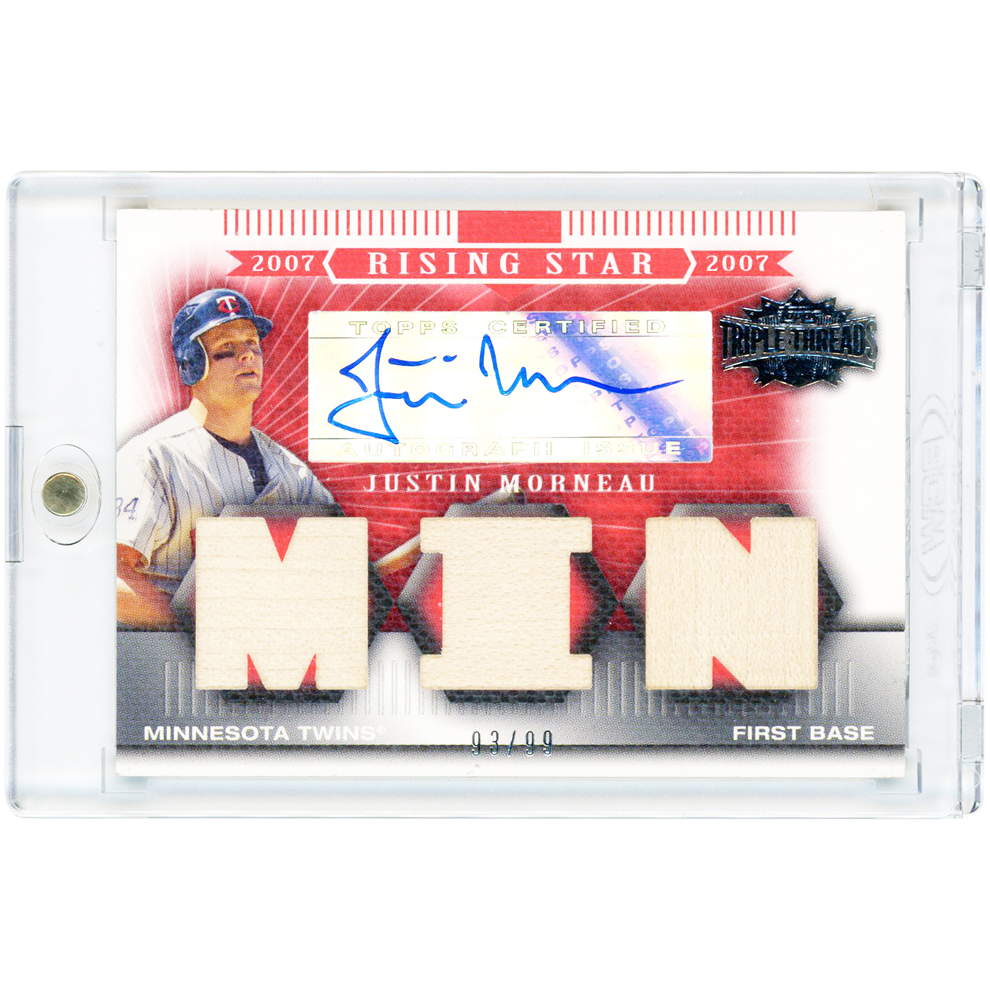 Justin Morneau Minnesota Twins Autographed 2007 Topps Triple Threads Rising Stars Triple Bat Relic #128 #93/99 Card