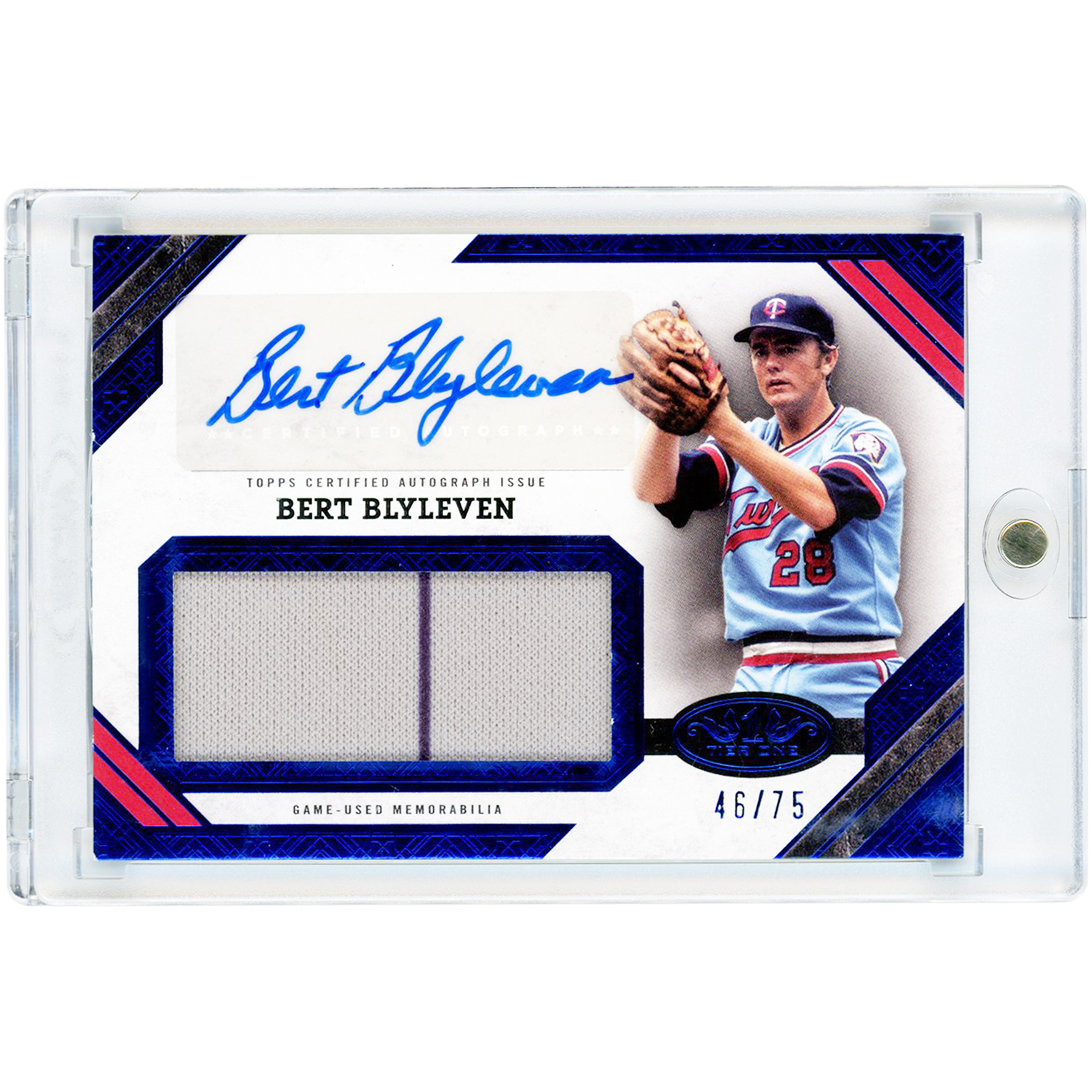 Bert Blyleven Minnesota Twins Autographed 2025 Topps Tier One Jumbo Game Used Dual-Color Jersey Relic Blue #AJR-BB #46/75 Card