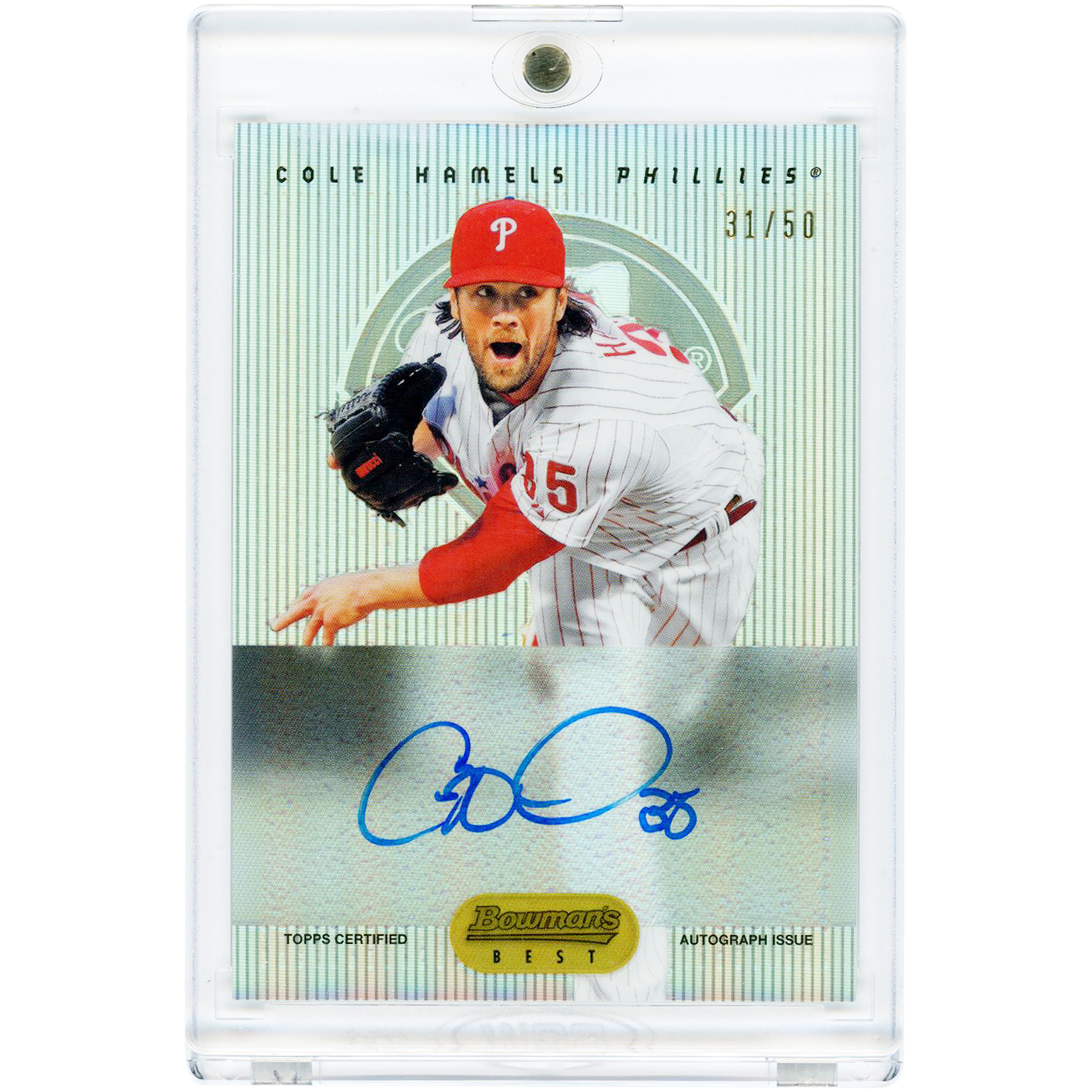 Cole Hamels Philadelphia Phillies Autographed 2015 Bowman Best 1995 Design #95BB-CH #31/50 Card. rookie card picture