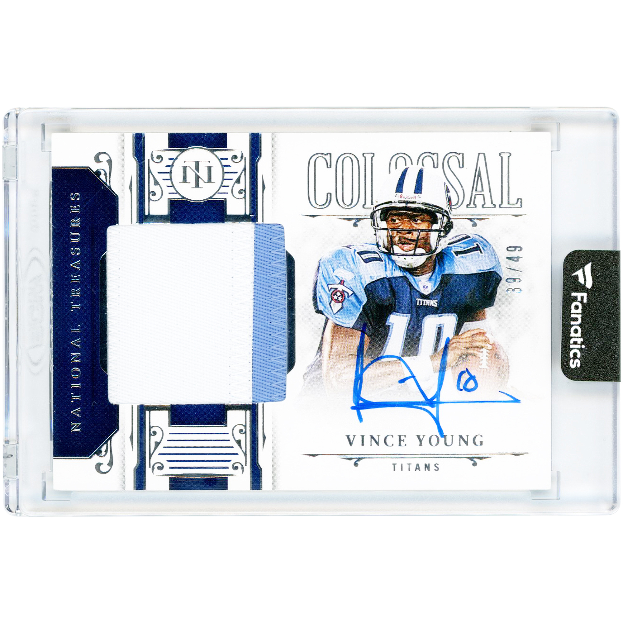 Vince Young Tennessee Titans Autographed 2025 Panini National Treasures Colossal Dual-Color Jersey Relic #CS-VYG #39/49 Card