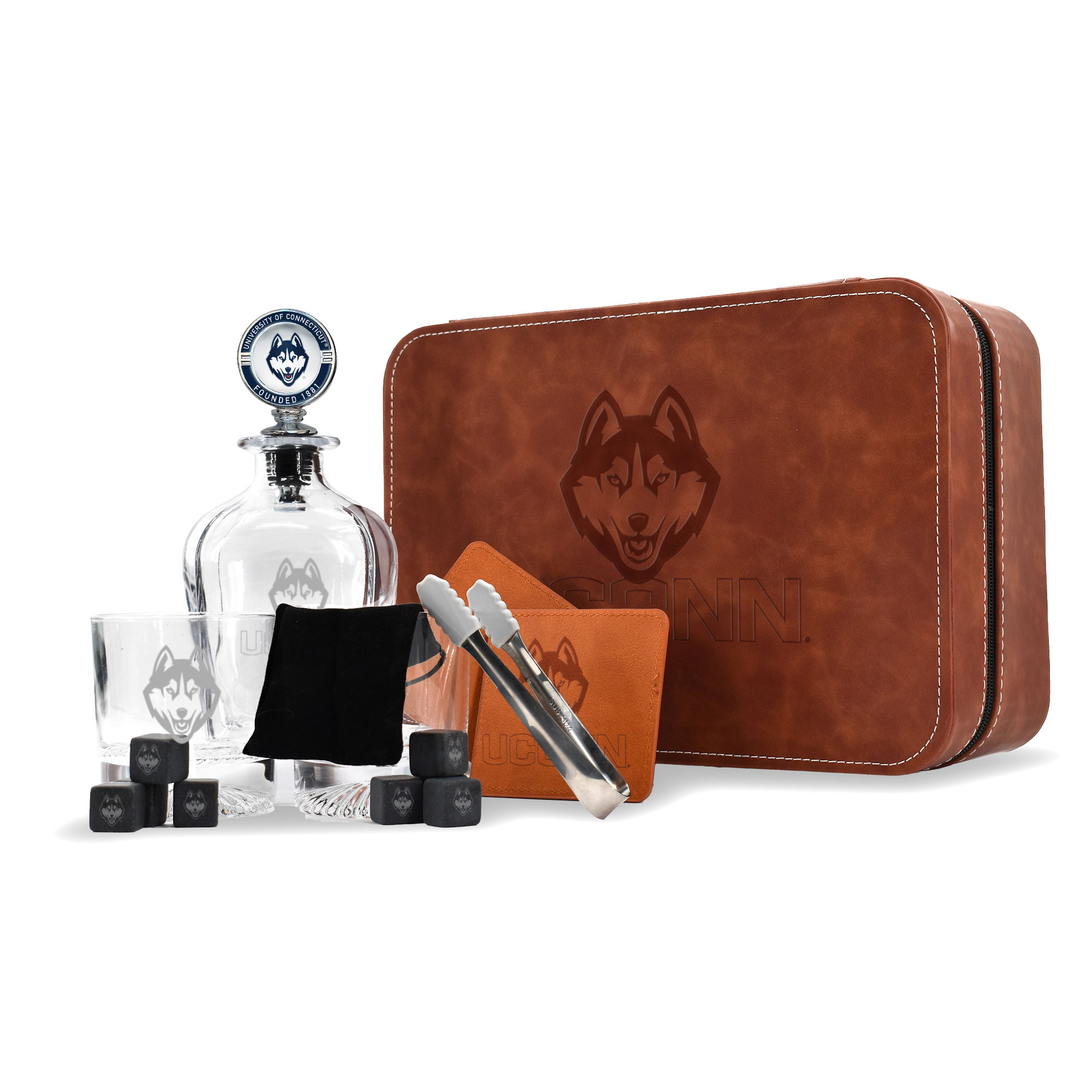 The Memory Company UConn Huskies Whiskey Decanter Set & Faux Leather Case