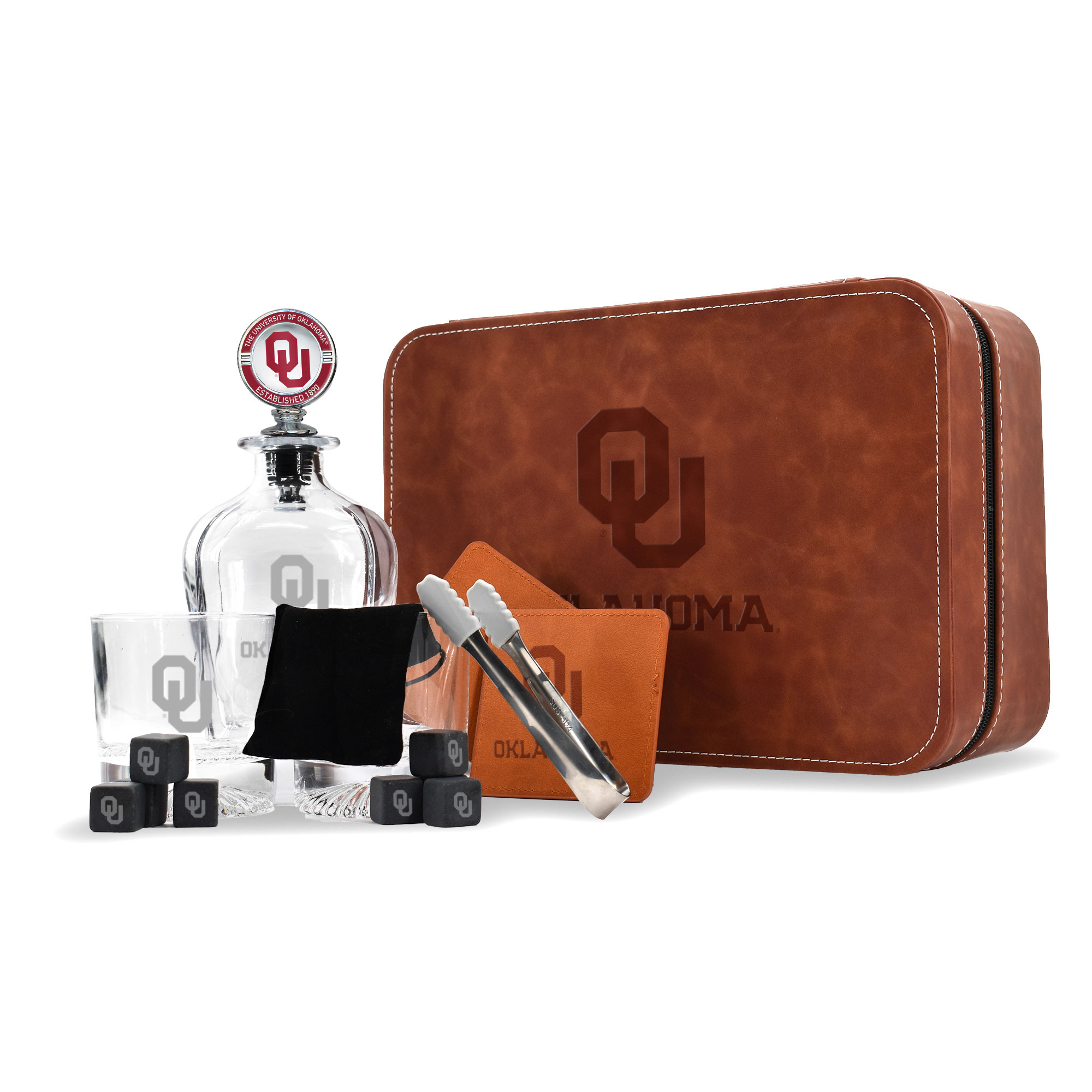 The Memory Company Oklahoma Sooners Whiskey Decanter Set & Faux Leather Case