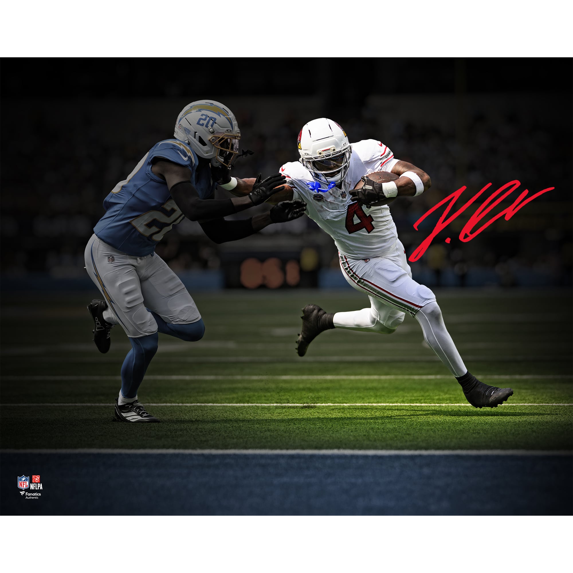 Jeremiyah Love Arizona Cardinals Autographed 16" x 20" NFL Debut Stiff Arm Touchdown Spotlight Photograph