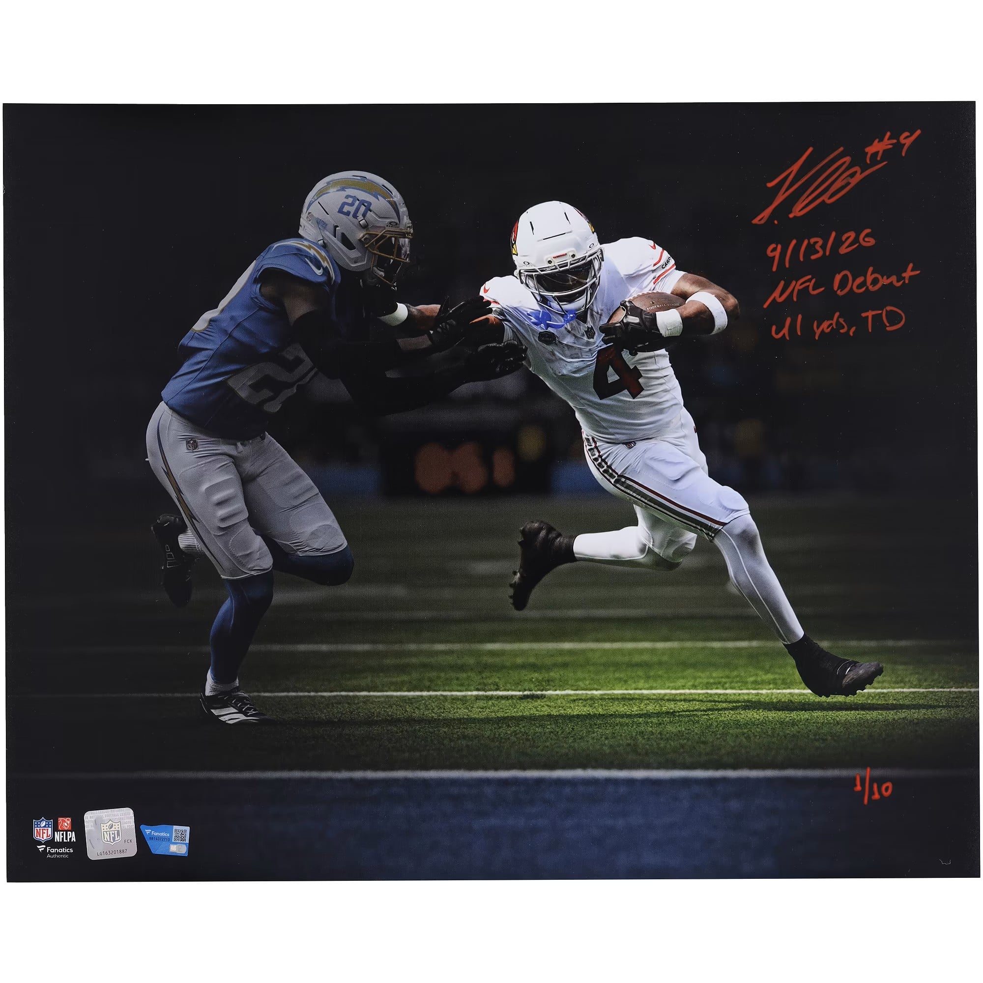 Jeremiyah Love Arizona Cardinals Autographed 16" x 20" NFL Debut Stiff Arm Touchdown Spotlight Photograph with Multiple Inscriptions - Limited Edition #1/10