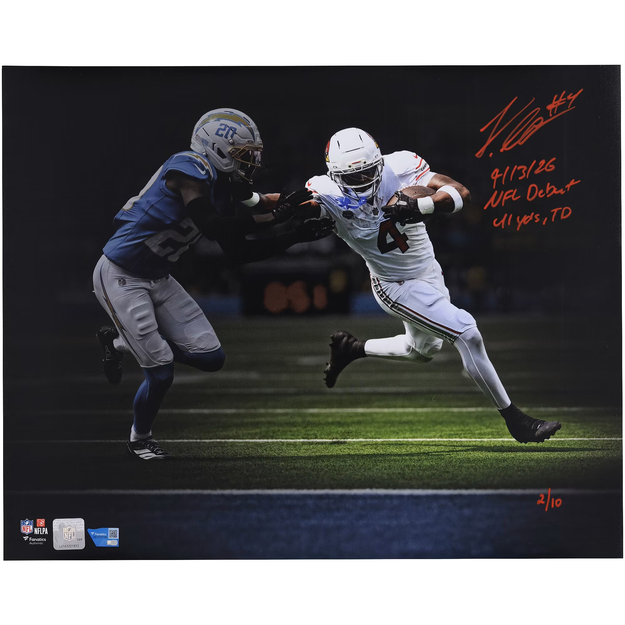 Jeremiyah Love Arizona Cardinals Autographed 16" x 20" NFL Debut Stiff Arm Touchdown Spotlight Photograph with Multiple Inscriptions - Limited Edition of 10