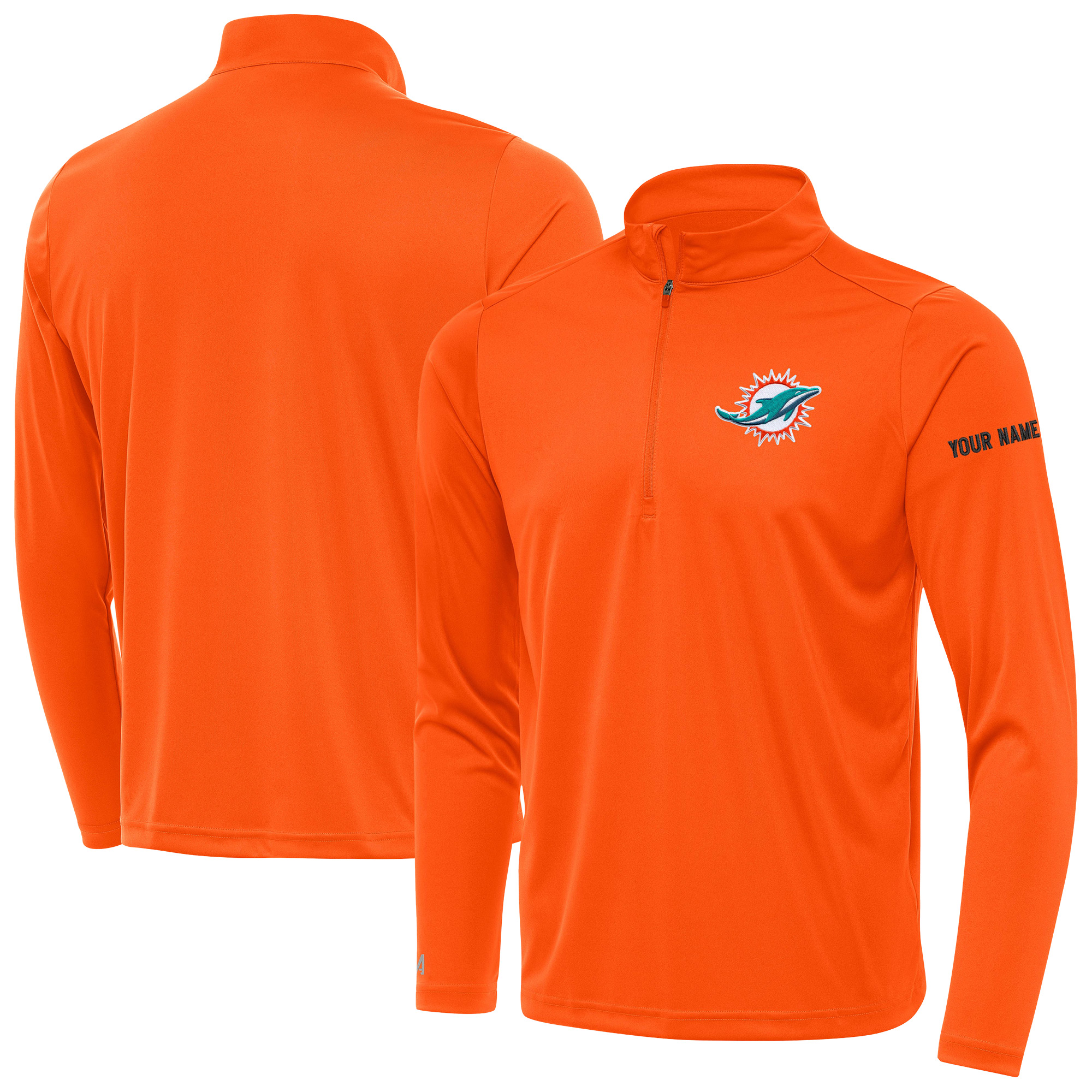 Men's Antigua Orange Miami Dolphins Personalized Tribute Quarter-Zip Pullover