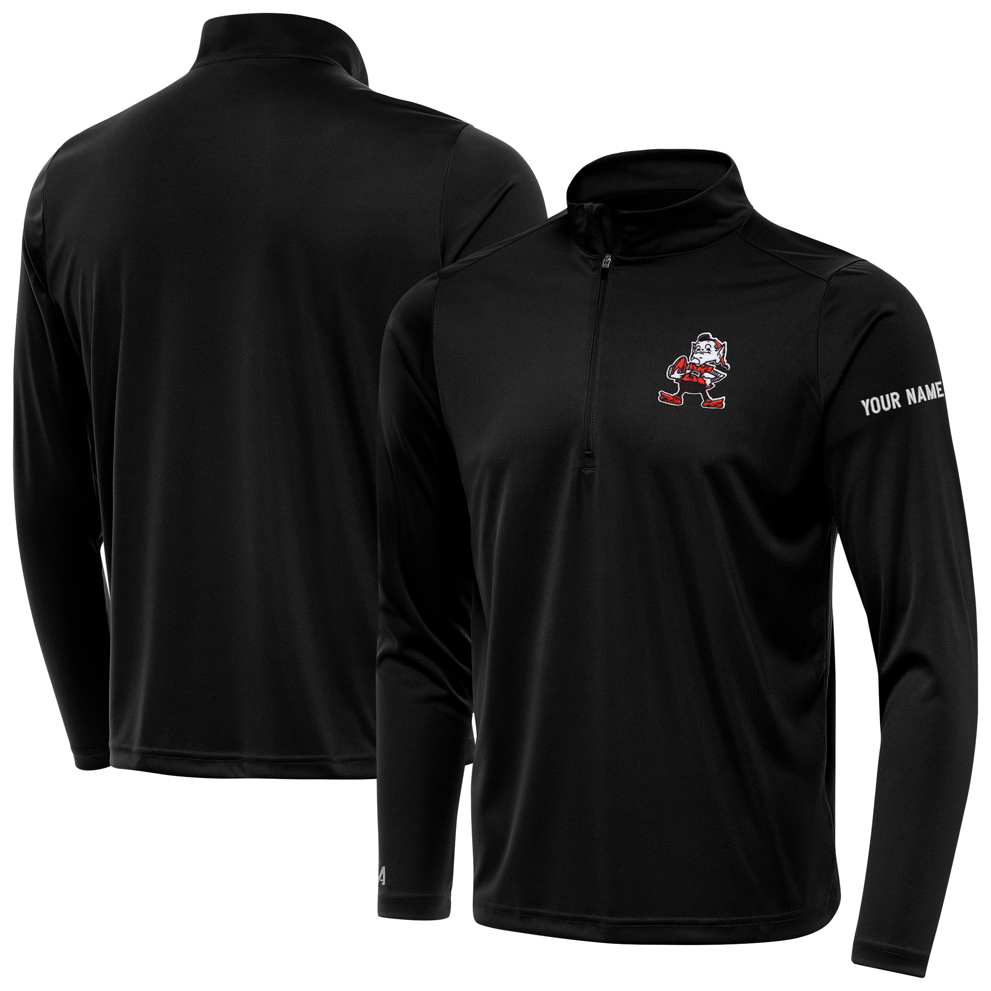 Men's Antigua Black Cleveland Browns Personalized Tribute Quarter-Zip Pullover