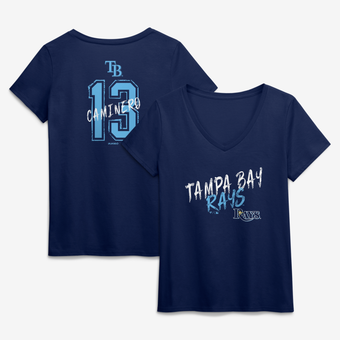 Women's Junior Caminero Navy Tampa Bay Rays Hustle Name & Number V-Neck T-Shirt