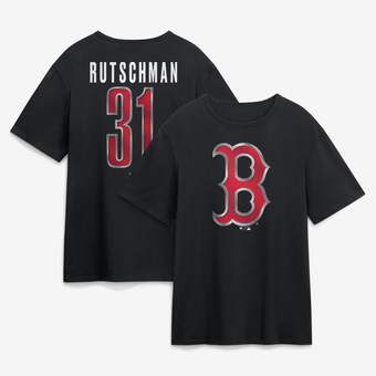 Men's Adley Rutschman Black Boston Red Sox Metallic Mascot Name & Number T-Shirt