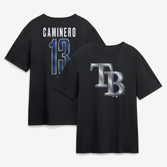 Men's Junior Caminero Black Tampa Bay Rays Metallic Mascot Name & Number T-Shirt