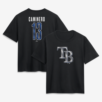 Women's Junior Caminero Black Tampa Bay Rays Metallic Mascot Name & Number T-Shirt