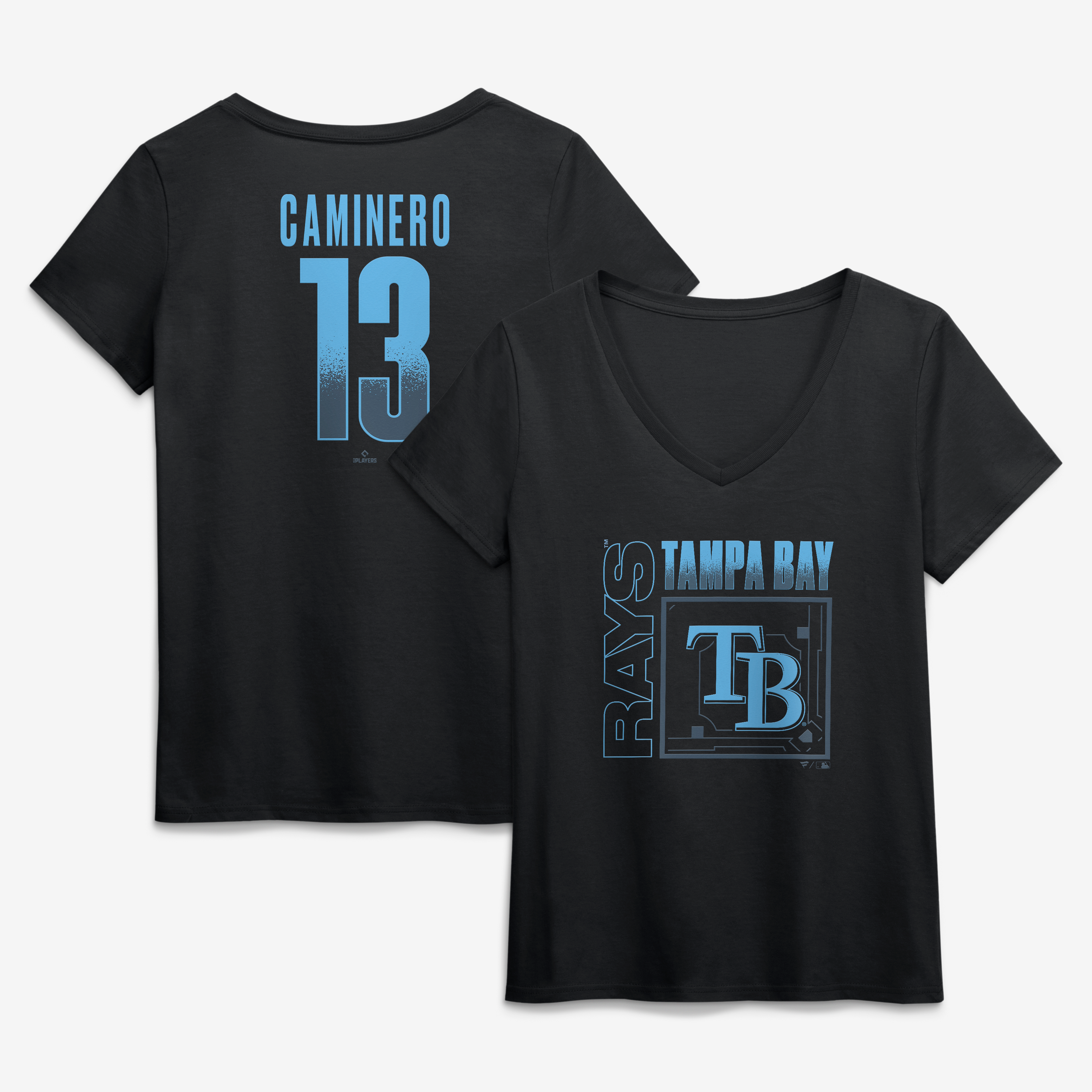 Women's Junior Caminero Black Tampa Bay Rays Home Field Pop Name & Number V-Neck T-Shirt