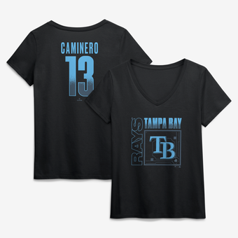 Women's Junior Caminero Black Tampa Bay Rays Home Field Pop Name & Number V-Neck T-Shirt