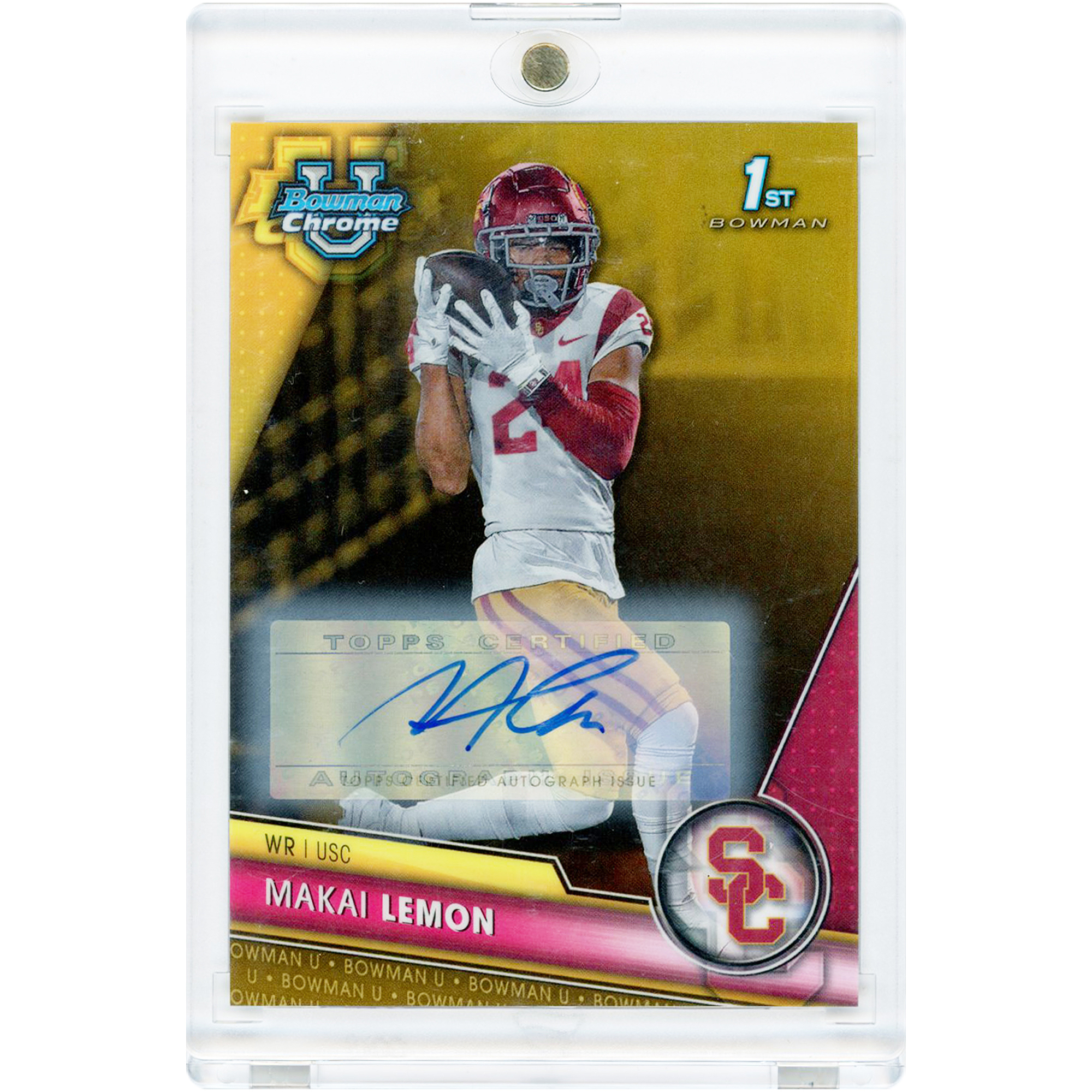 Makai Lemon USC Trojans Autographed 2023 Bowman Chrome U 1st Bowman Gold Refractor #160 #18/50 Card