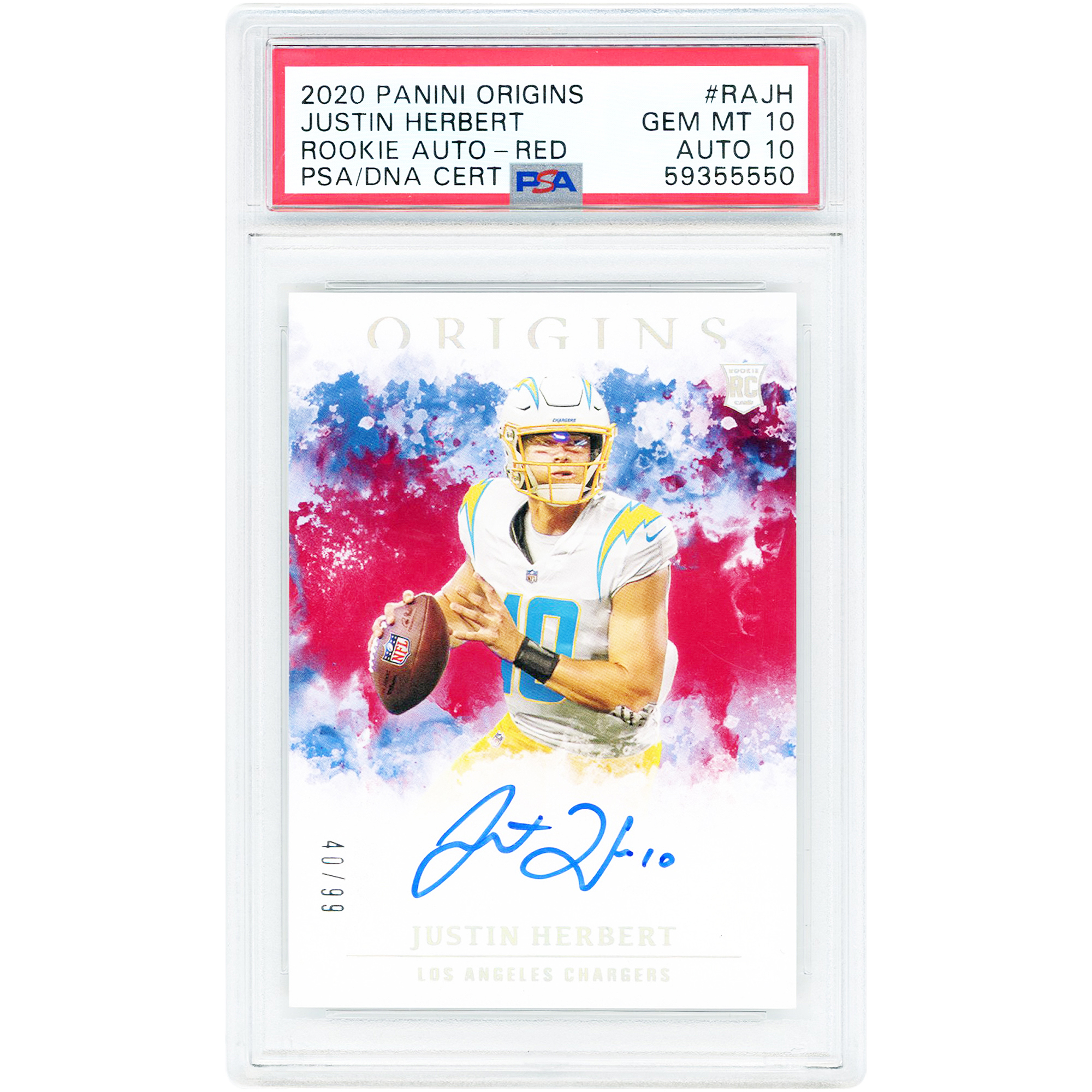 Justin Herbert Los Angeles Chargers Autographed 2020 Panini Origins Red #RA-JH #40/99 PSA Authenticated 10/10 Rookie Card