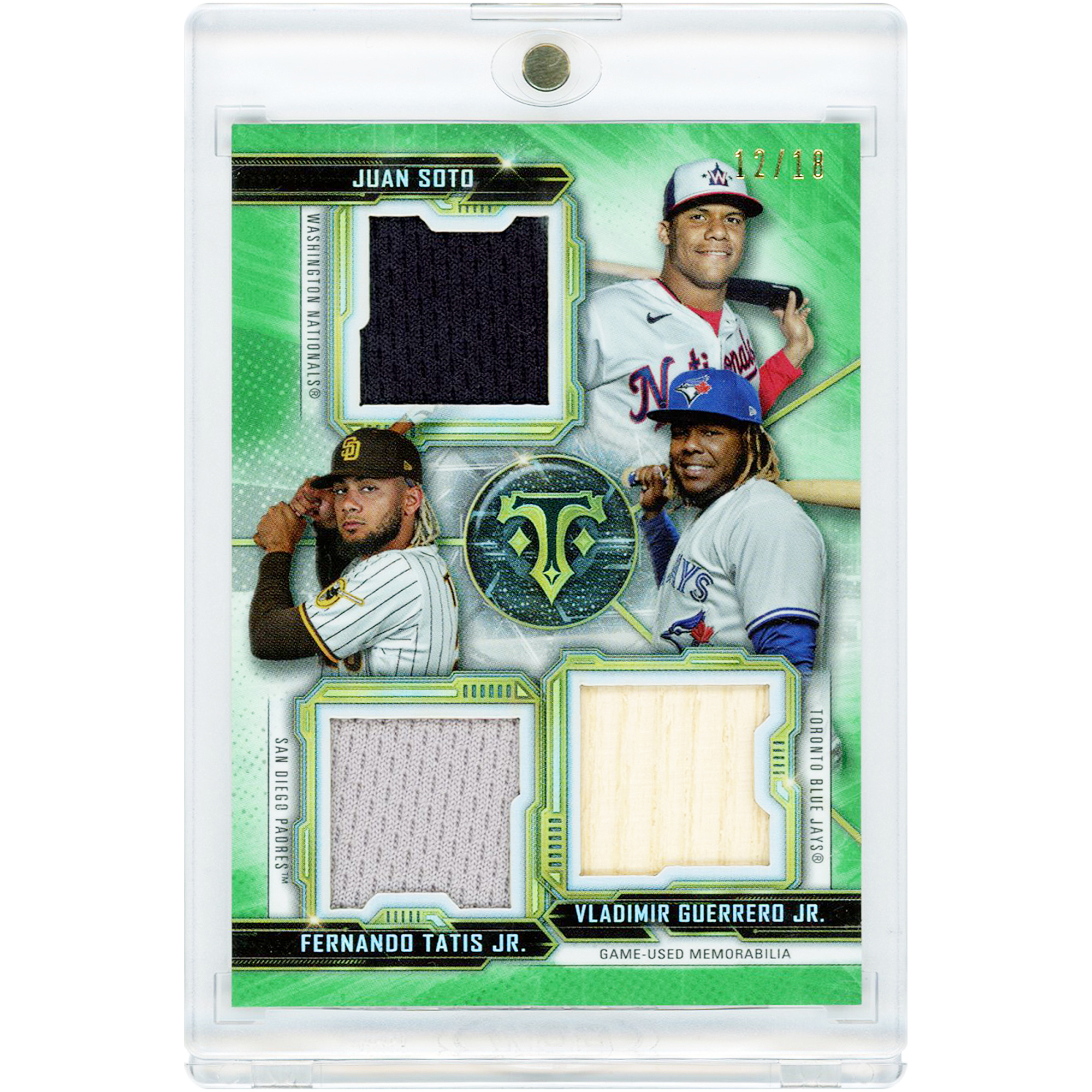 Juan Soto, Fernando Tatis Jr. & Vladimir Guerrero Jr. 2020 Topps Triple Threads Triple Game Used Bat & Jersey Relics #RCC-STG #12/18 Card