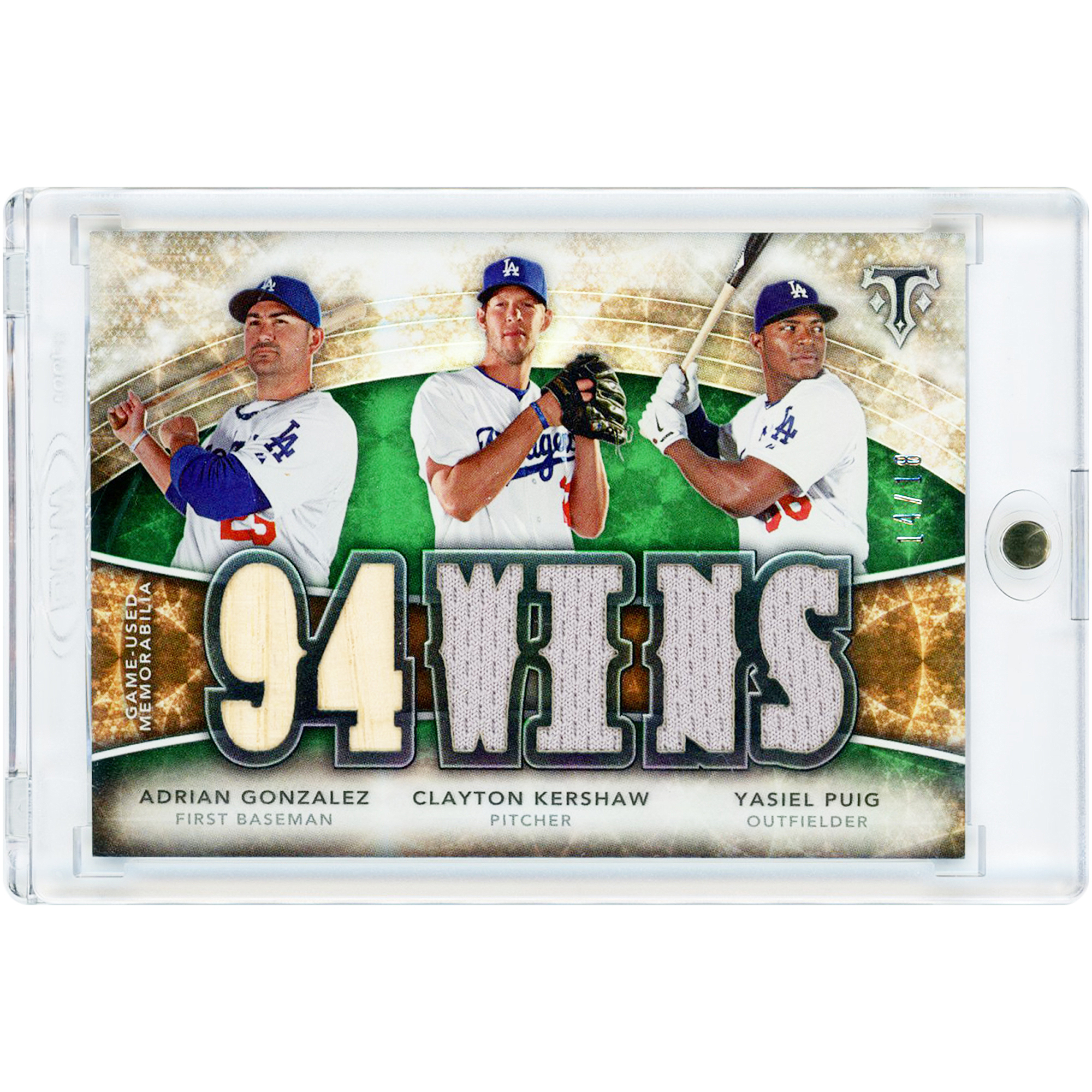 Adrian Gonzalez, Clayton Kershaw & Yasiel Puig Los Angeles Dodgers 2015 Topps Triple Threads Triple Game Used Bat & Dual-Color Jersey Relics #TTRC-GKP #14/18 Card