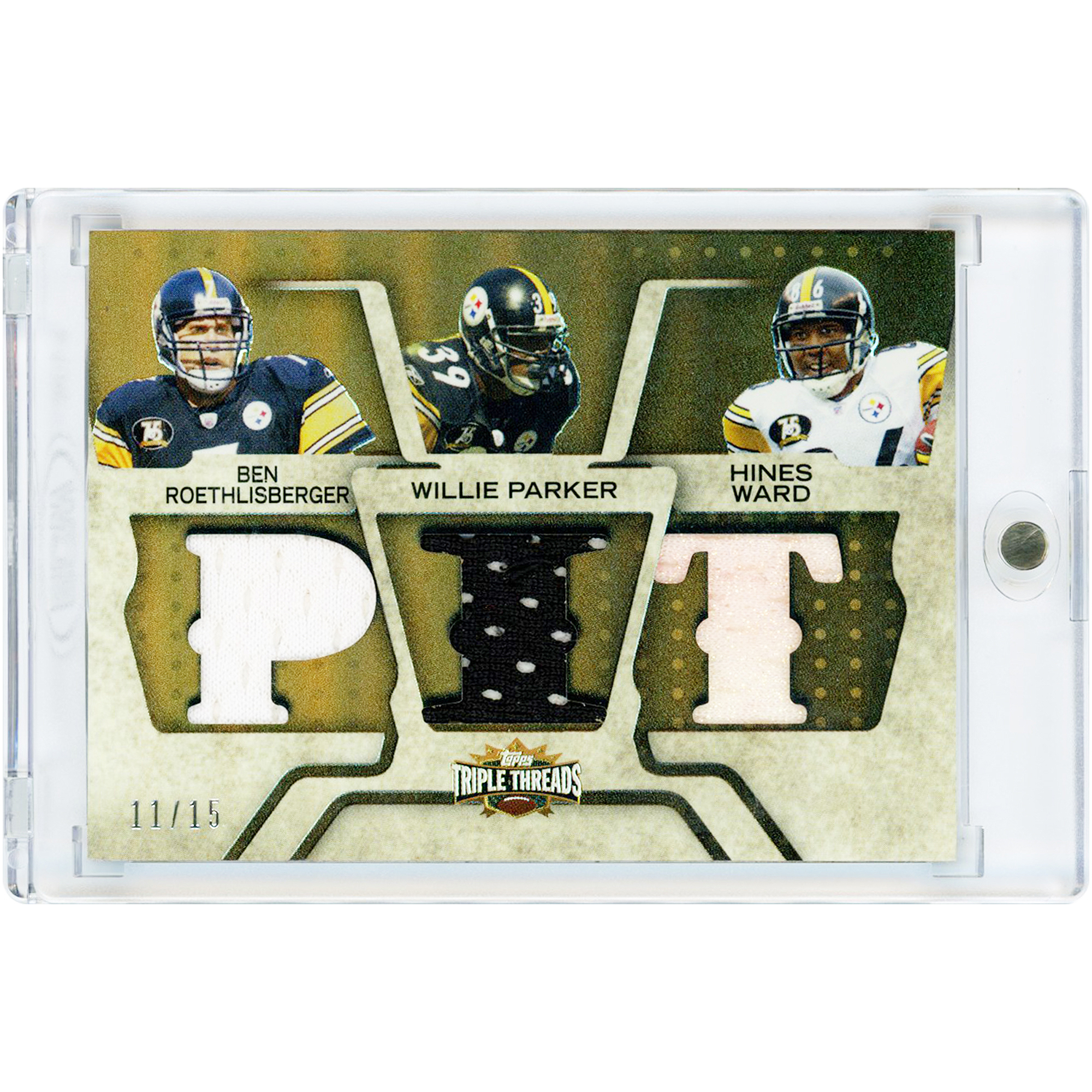 Ben Roethlisberger, Willie Parker & Hines Ward Pittsburgh Steelers 2008 Topps Triple Threads Triple Game Used Tri-Color Jersey Relics #TTRC-7 #11/15 Card. rookie card picture