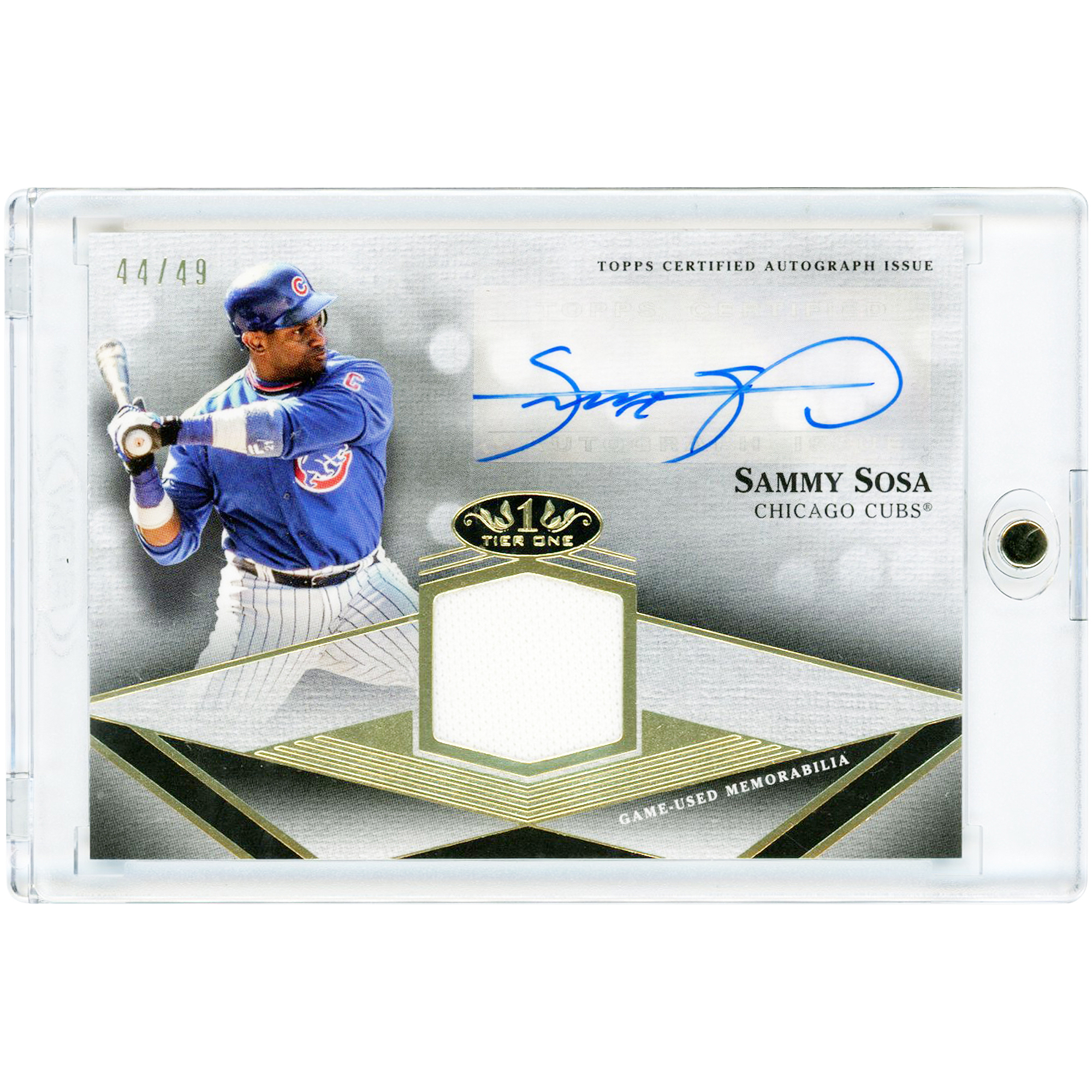 Sammy Sosa Chicago Cubs Autographed 2022 Topps Tier One Game Used Jersey Relic #T1AR-SSO #44/49 Card