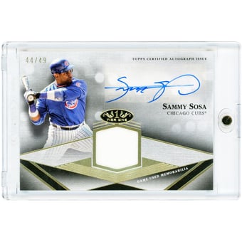 Sammy Sosa Chicago Cubs Autographed 2022 Topps Tier One Game Used Jersey Relic #T1AR-SSO #44/49 Card