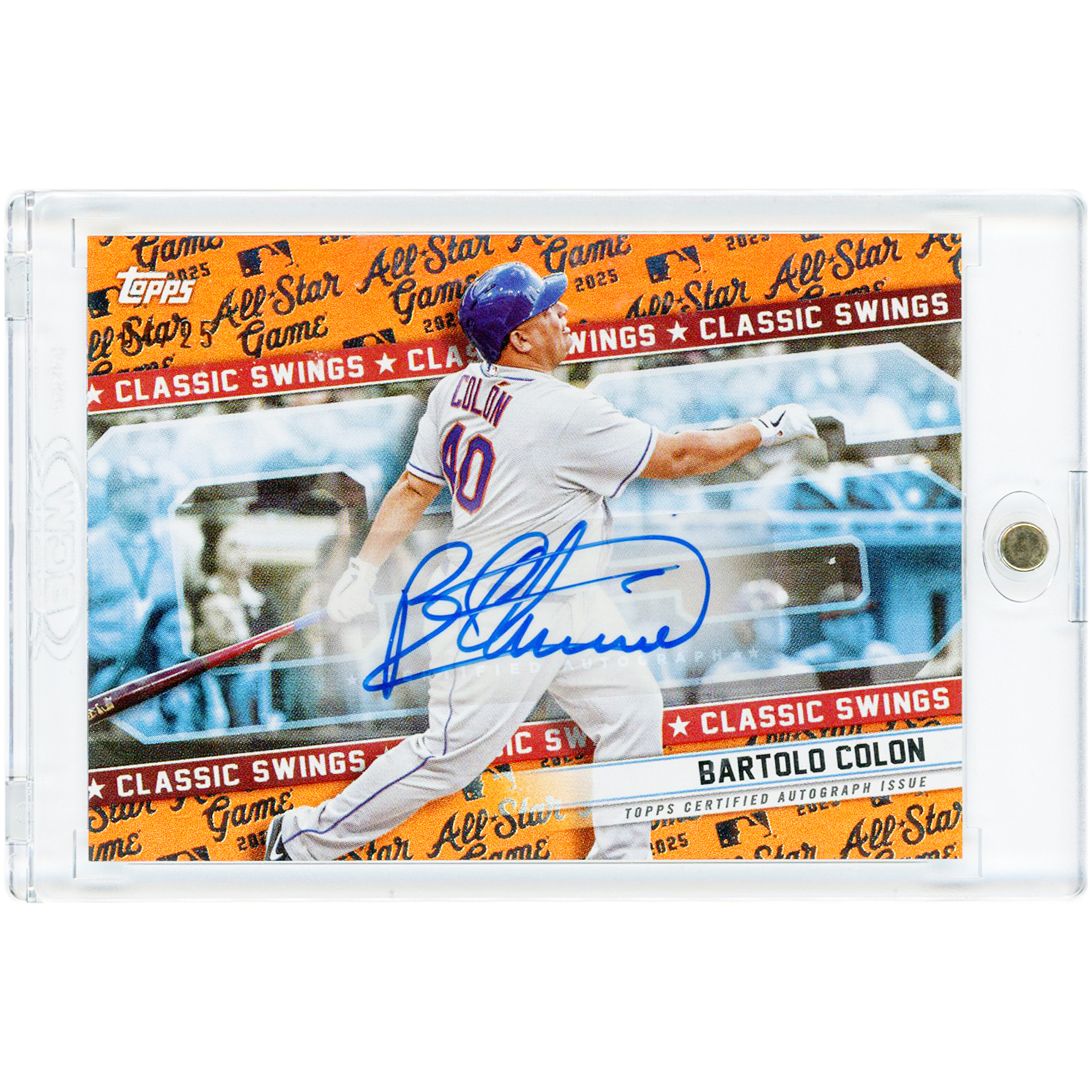 Bartolo Colon New York Mets Autographed 2025 Topps MLB ASG Mega Box Classic Swings Orange Foil #CSA-BC #4/25 Card. rookie card picture