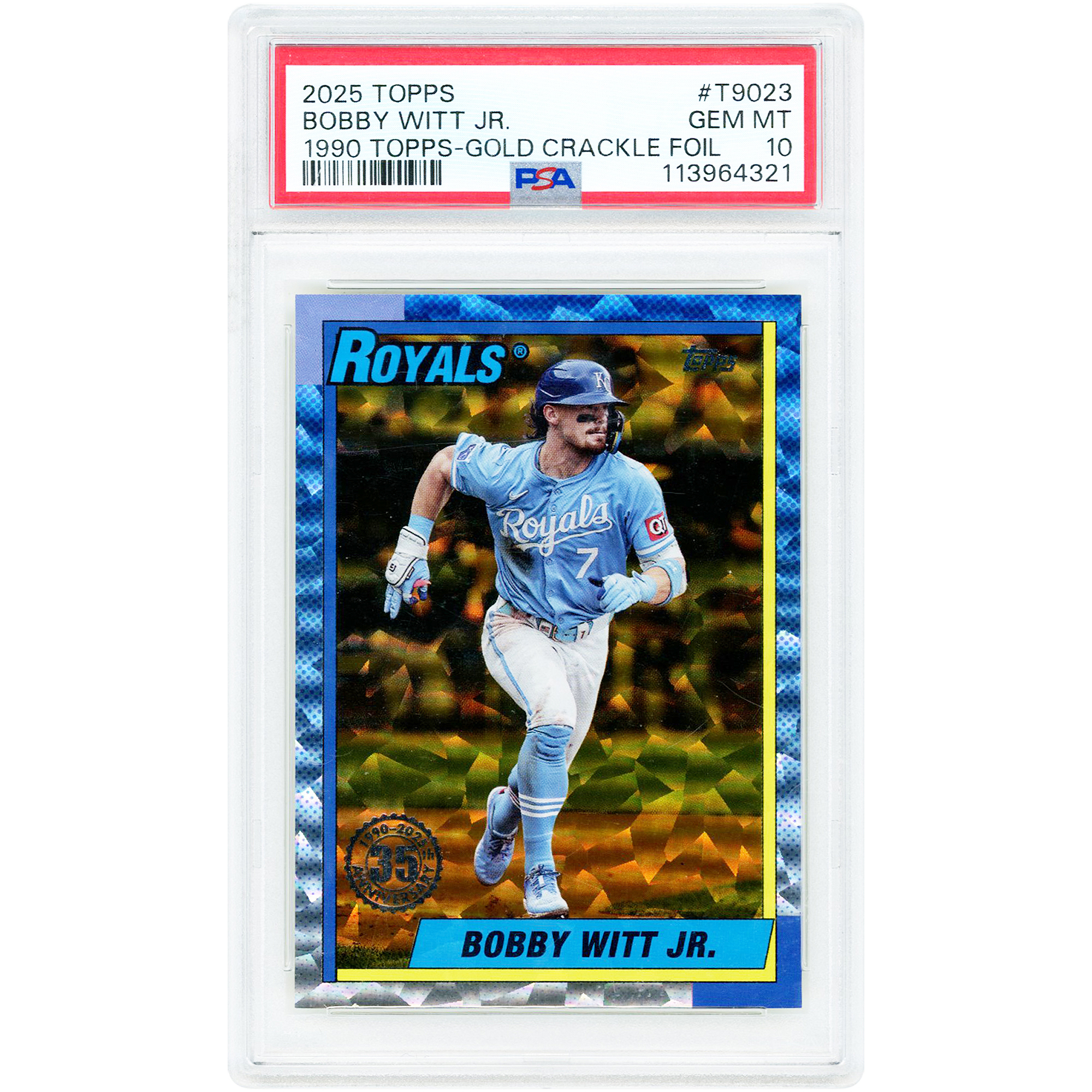 Bobby Witt Jr. Kansas City Royals 2025 Topps 1990 Topps Design Gold Crackle Foil #T90-23 #44/50 PSA Authenticated 10 Card