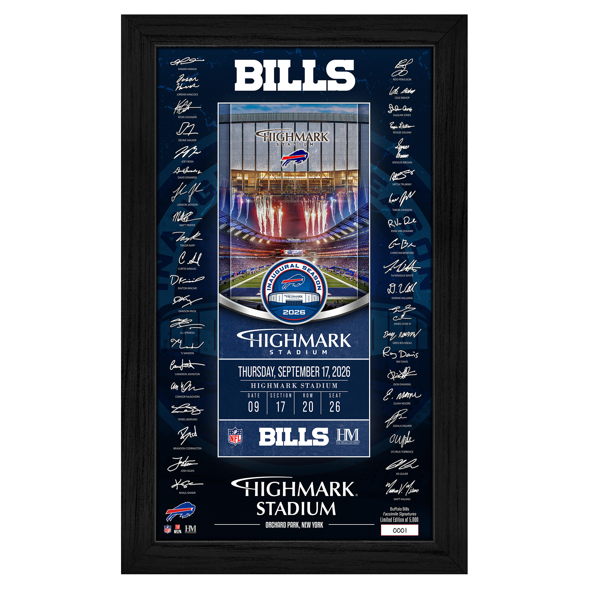 Highland Mint Buffalo Bills Highmark Stadium Inaugural Home Game 12" x 20" Signature Ticket Frame